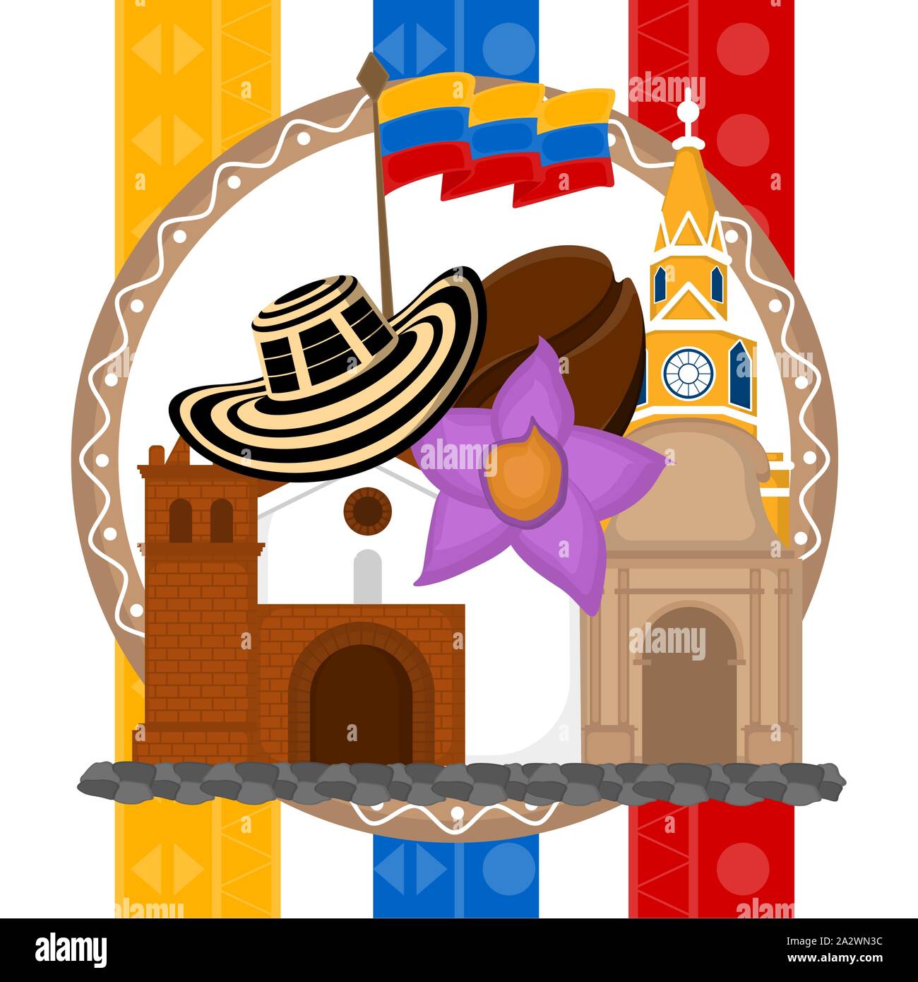 Chiesa con un cappello, un chicco di caffè e bandiera. Immagine rappresentativa della Colombia - Vettore Illustrazione Vettoriale