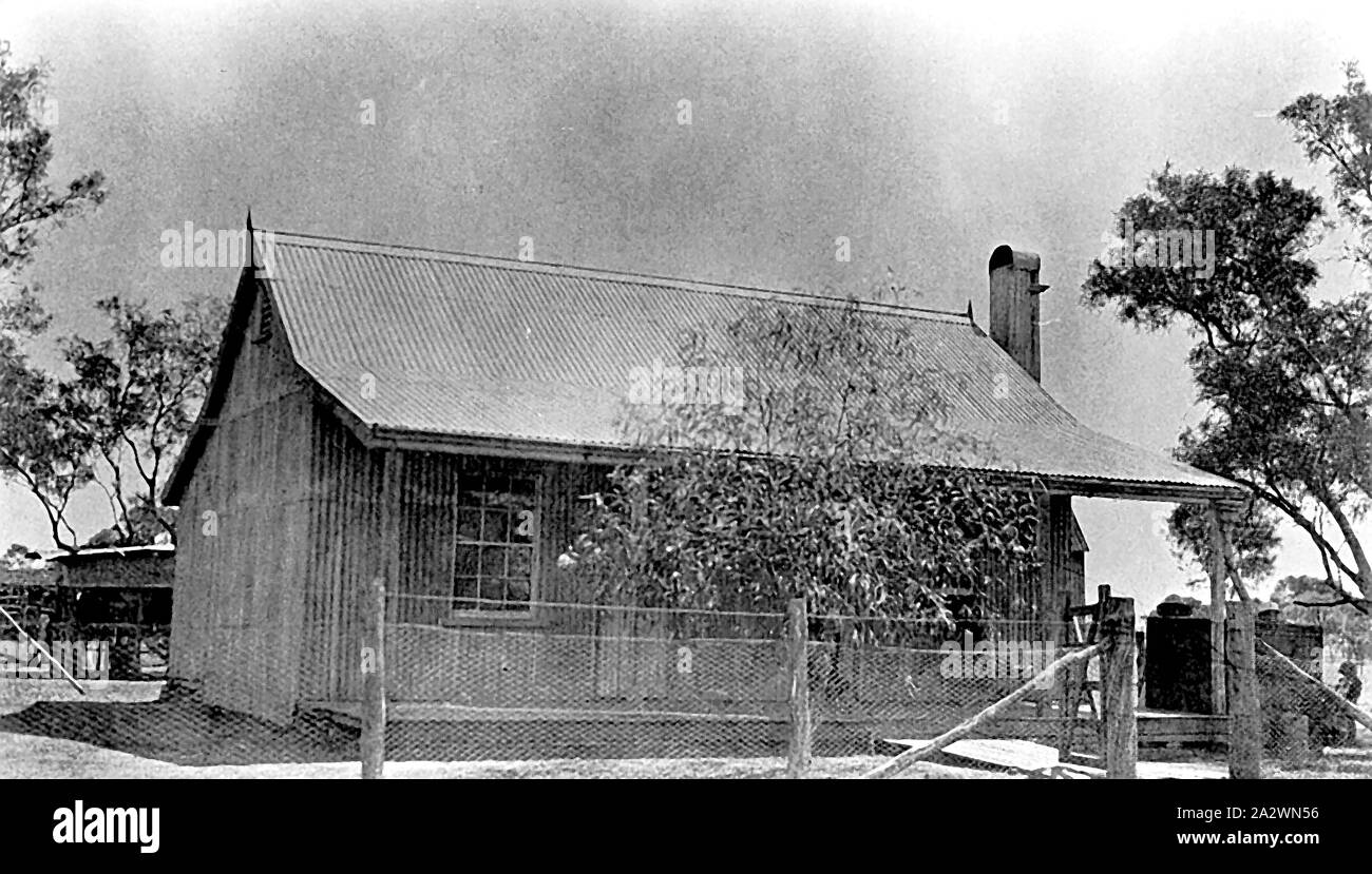 Negativo - ferro corrugato casa su "Portland Downs' Stazione, Isisford District, Queensland, circa 1915, una piccola casa con un albero che cresce nella parte anteriore, su 'Portland Downs stazione". La casa è costruita da ferro corrugato Foto Stock