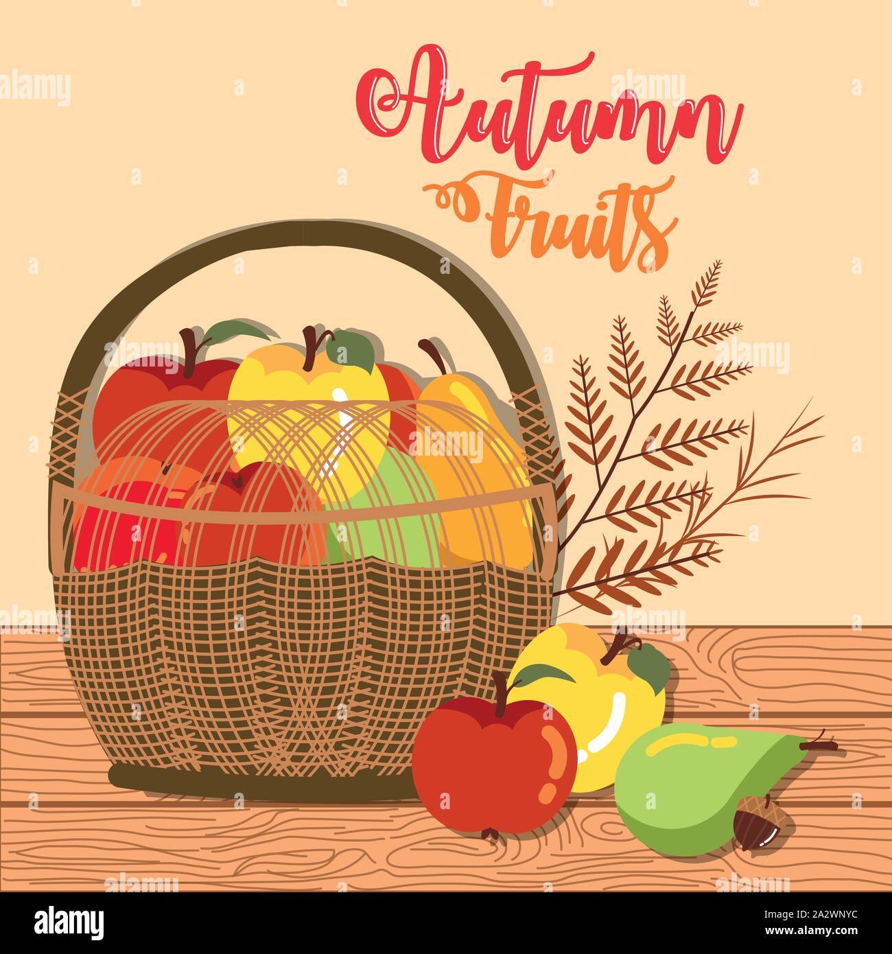 Poster autunno con frutti nel cesto in vimini. Illustrazione Vettoriale
