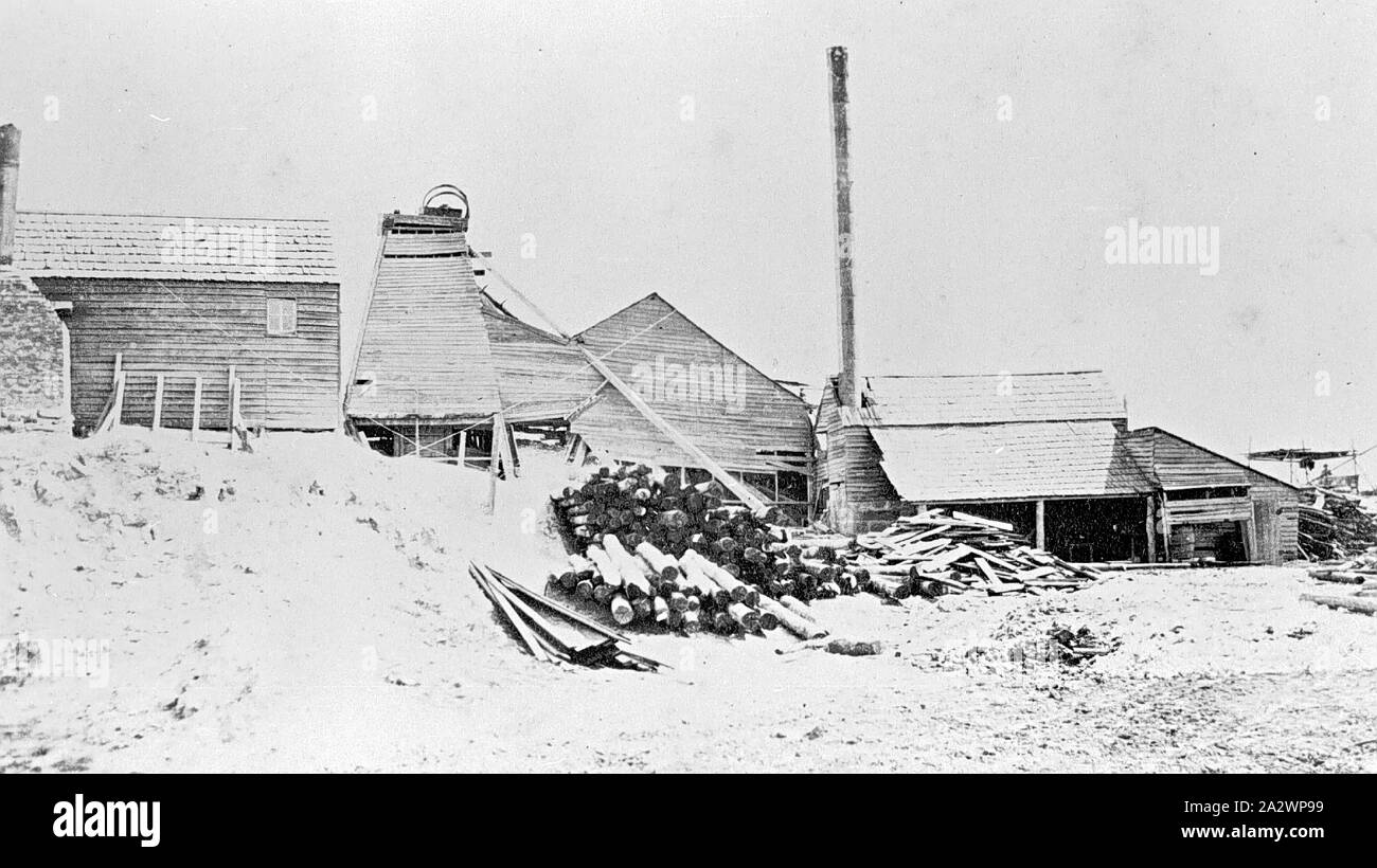Negativo - Ballarat District, Victoria, circa 1870, miniera di edifici, compresi testa a fungo, camino e pile di puntelli di legno Foto Stock