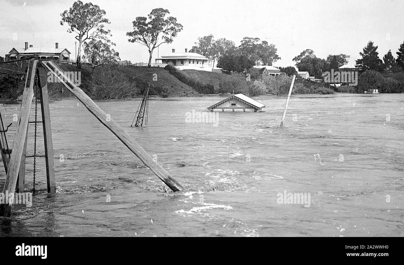 Negativo - Bairnsdale, Victoria, circa 1910, acque alluvionali del fiume Mitchell. Un piccolo edificio è immerso fino alla sua eaves e ci sembra essere una gru sommerso sulla sinistra Foto Stock