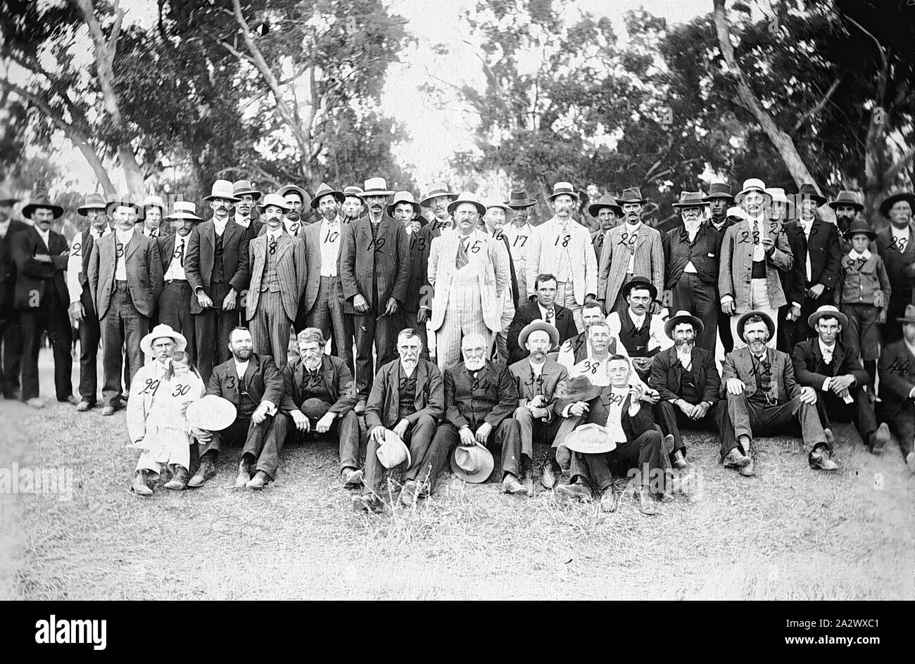 Negativo - Victoria (?), circa 1910, un grande gruppo di uomini, la maggior parte in giacca con il cappello e la cravatta in una impostazione paese Foto Stock