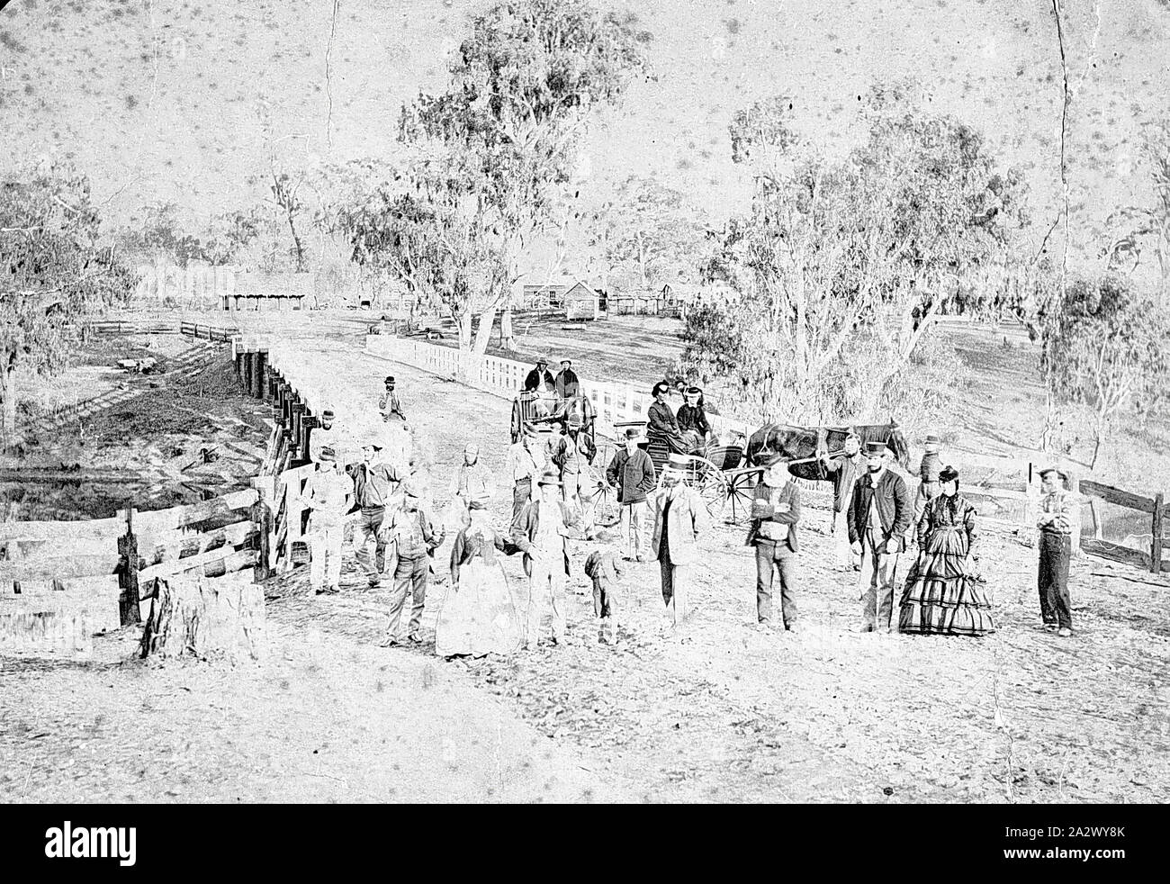 Negativo - Laanecoorie, Victoria, 1872, l'apertura di un ponte sul fiume Loddon. Ci sono due a cavallo il veicoli che hanno appena attraversato il ponte Foto Stock