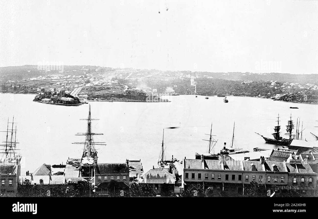 Negativo - North Shore, Nuovo Galles del Sud, circa 1880, guardando attraverso il porto di Sydney per la North Shore. Ci sono un certo numero di navi a vela e navi a vapore legato fino al pontili Foto Stock