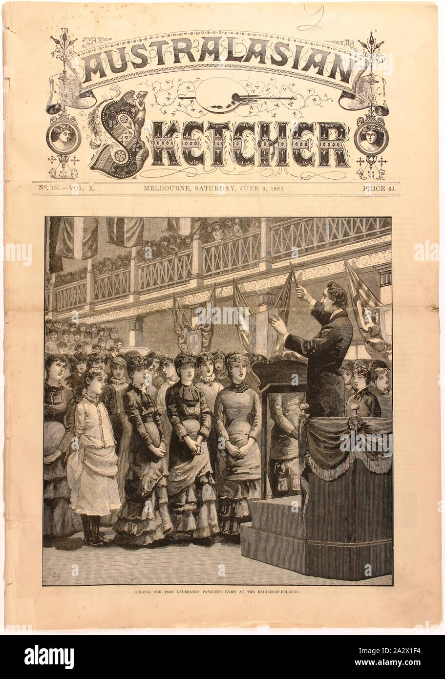 Ritagli di giornale - "Singing il poeta laureato di inno patriottico al Exhibition Building','Australasian Sketcher, Melbourne, 3 giu 1882, pagina di copertina e tre pagine aggiuntive (161-162, 175-176) dall'Australasian Sketcher, sabato 3 giugno 1882, pubblicato da Wilson & McKinnon, Melbourne. Il coperchio anteriore l'illustrazione raffigura un coro di giovani donne che cantano nella sala grande dell'edificio delle esposizioni nel giugno 1882 come parte della regina della festa di compleanno. Un articolo che descrive l'evento viene stampata sulla pagina 166. Quattro mila Foto Stock