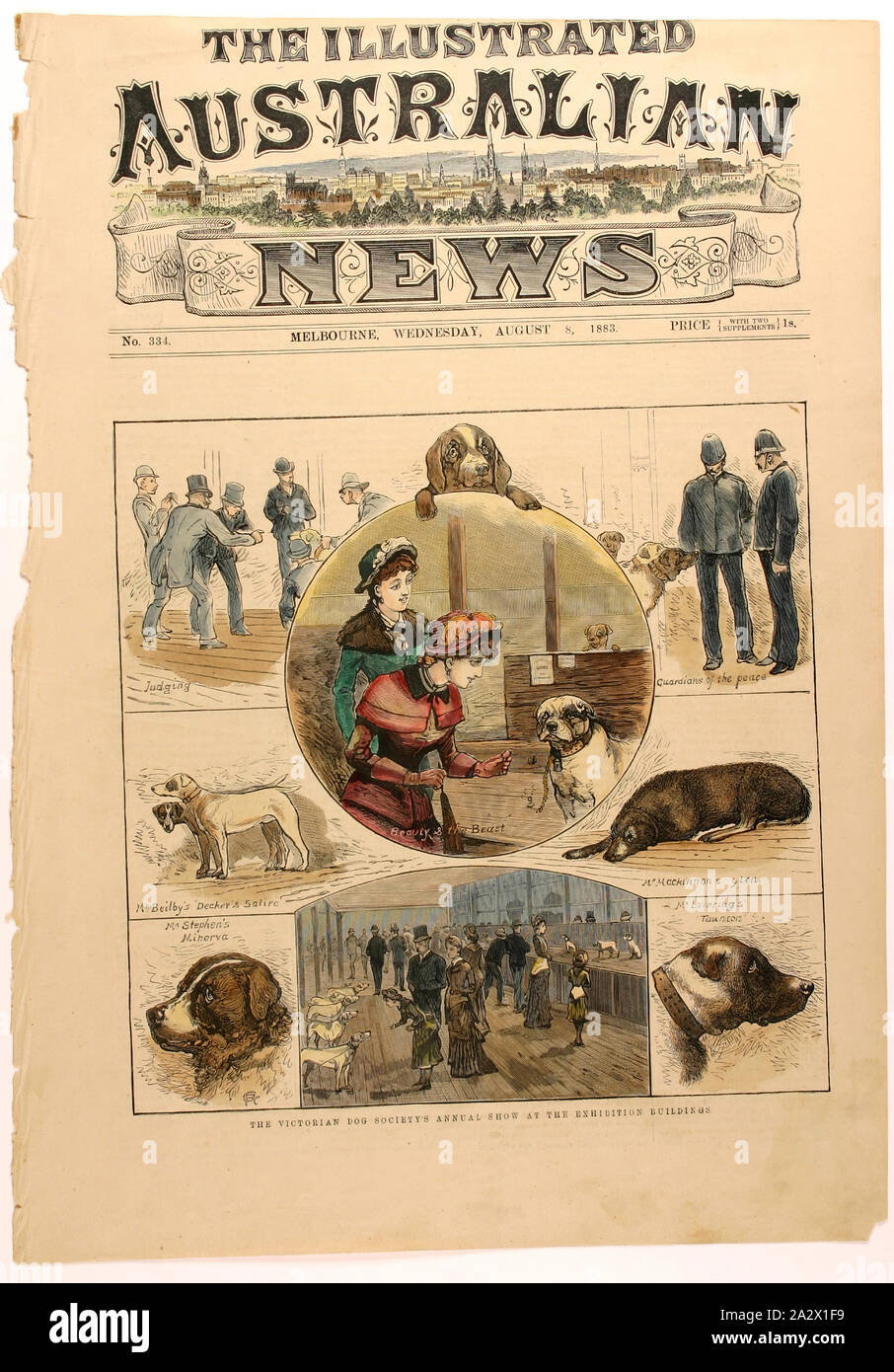 Ritagli di giornale - "Il cane vittoriano della società mostra annuale al Exhibition Buildings','Illustrato Australian News, Melbourne, 8 agosto 1883, pagina anteriore dell'illustrato Australian News, # 334, mercoledì 8 agosto 1883, raffiguranti scene al Victorian cane della società mostra annuale tenuto presso il Royal) mostra gli edifici. La mostra annuale del pollame e cane la società aperta alla mostra gli edifici su giovedì 26 luglio, 1883, e proseguita tra 10am e 10pm il venerdì e il sabato. Il pollame presenta, piccioni e Canarie Foto Stock