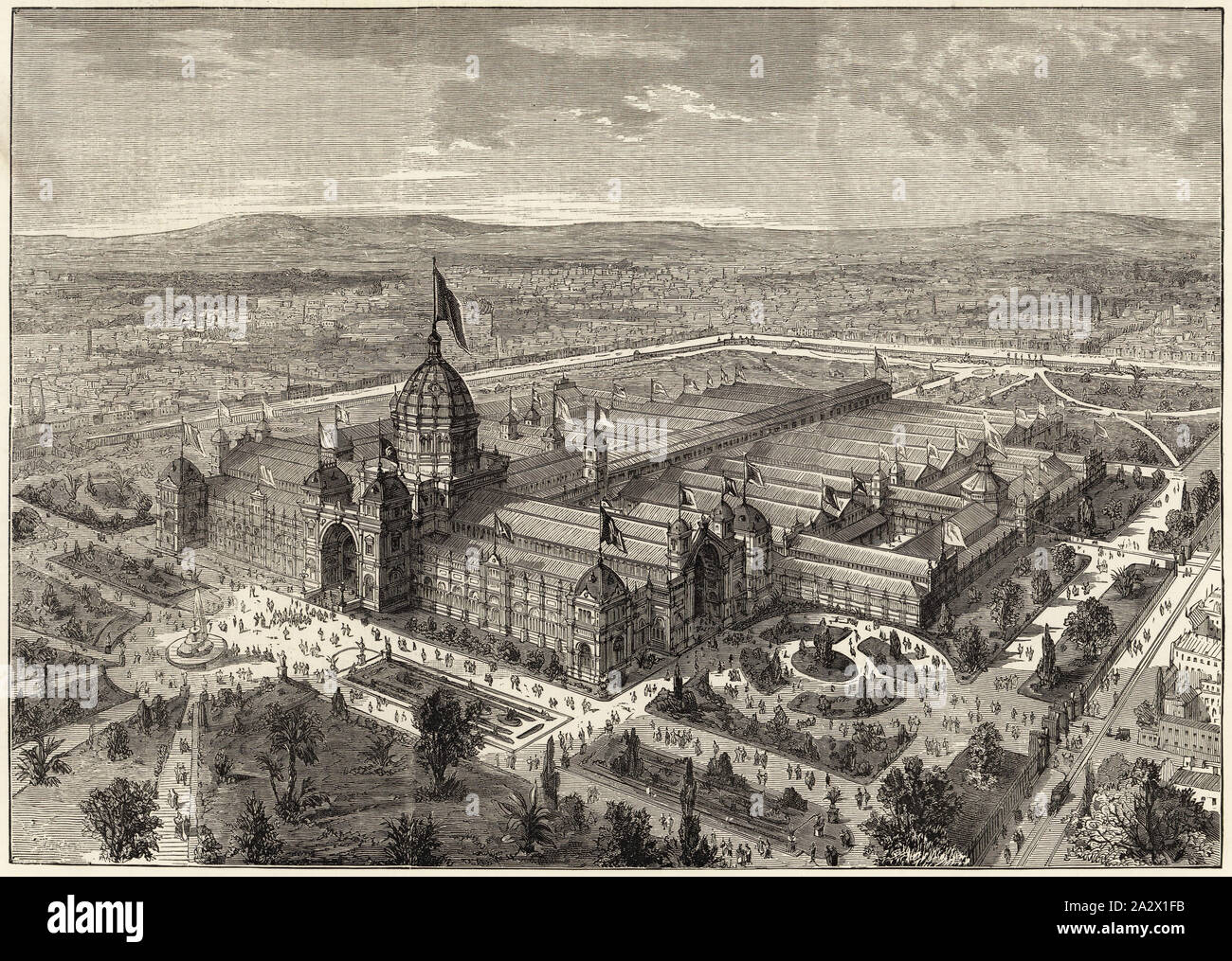 Stampa - 'L'International Exhibition Building a Melbourne, Australia", il Illustrated London News, 14 Feb 1880, in bianco e nero il blocchetto in legno incisione dall'Illustrated London News, intitolato "L'International Exhibition Building a Melbourne, Australia", stampata sulla pagina 164 il 14 febbraio, 1880. L'immagine presenta una vista aerea dell'edificio delle esposizioni, temporanea allegati & giardini da un sud-est aspetto. Numerose persone sono raffigurati avvicinando l'edificio a piedi e a cavallo il tram lungo Foto Stock
