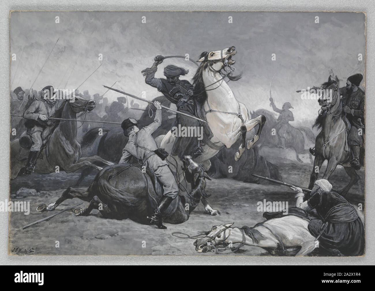 Pittura - 'incontro tra cosacchi e Bashi-Bazouks', John Charlton RA & JD Watson, Inghilterra, circa 1880, 'incontro tra cosacchi e Bashi-Bazouks', un dipinto da Giovanni Charlton RA & JD Watson. Il dipinto è stato esposto in 'il Grafico' galleria di pubblicazione, parte del Tribunale inglese a Melbourne 1880 Esposizione Internazionale. I proprietari della "La grafica' presentava "l'intero processo di produzione di un alta classe giornale illustrato...e un po' stupito i profani con Foto Stock