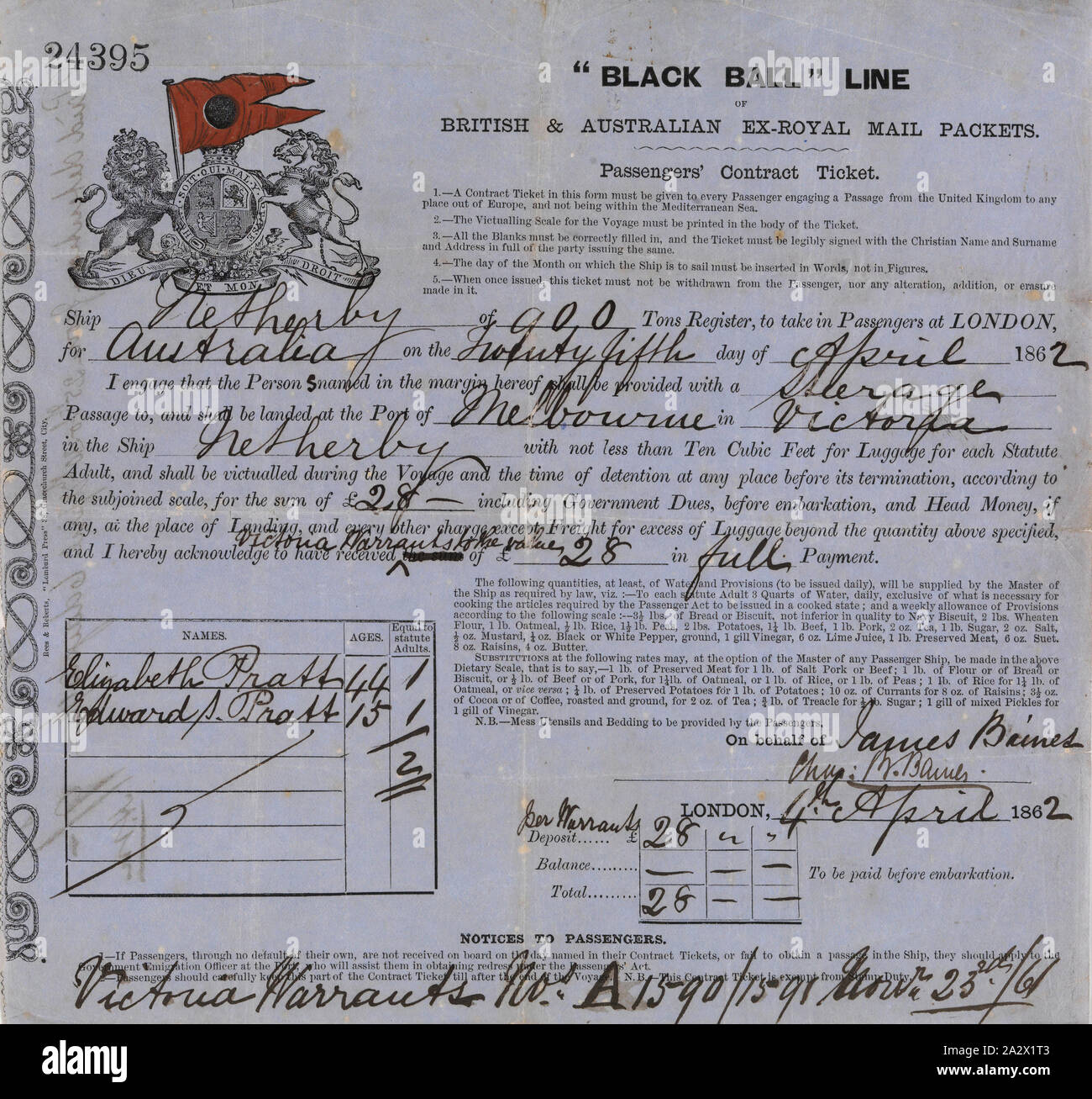 Contratto del passeggero - biglietto rilasciato a Elizabeth & Edward Pratt, 'Netherby', palla nera linea, timoneria, London, 1862, contratto passeggero biglietto per Elizabeth Pratt (età 44) e suo figlio Edoardo (età 15) per il passaggio di timoneria da Londra a Melbourne sulla palla nera linea clipper ship "Netherby' uscire il 25 aprile 1862. Il costo del biglietto è stato £28 pagato in pieno. Stampato da Rees & Roberts, "Lombard premere' 38, Gracechurch Street, Città. La nave arrivò a Melbourne il 3 agosto 1862. Il 'Netherby Foto Stock