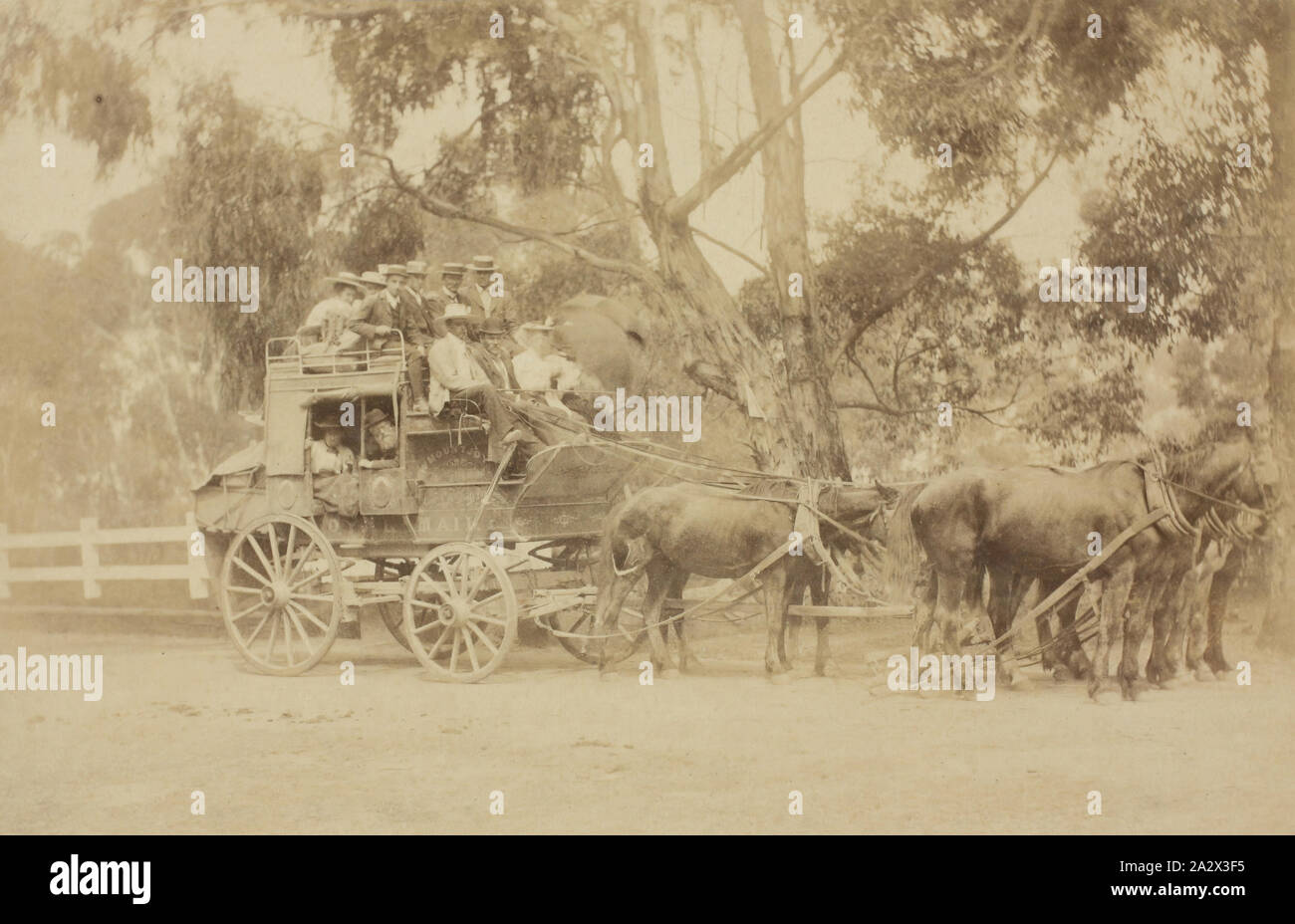 Fotografia - W. Mountjoy allenatore, Erskine River, Lorne, Victoria, 1890, immagine in bianco e nero di W. Mountjoy di cavallo e pullman, con gente seduta sul tetto del pullman e autobus all'interno. È stata presa a Erskine River, Lorne, Victoria nel 1890s. Esso fa parte di una raccolta di una lastra di vetro di negativi, stereoscopica di negativi, panorami, cartoline, fotografie e telecamere appartenenti alla William S Anderson collezione. William Anderson acquistato 'Norman e del marrone Foto Stock