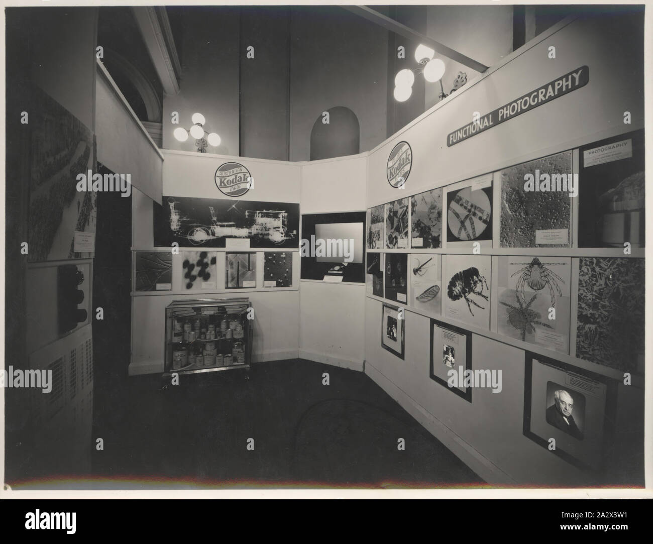 Fotografia, Stand fieristico, 'funzionale fotografia", industrie chimiche Exposition, Sydney, Sep 1938, fotografia in bianco e nero della parte interna di una Kodak Australasia Pty Ltd 'fotografia funzionale' exhibition display stand o fiera stand alle industrie chimiche esposizione tenutasi a Sydney nel settembre 1938. C'è un armadio di vetro in corrispondenza della estremità lontana piena di materiali fotografici chimici, così come uno schermo televisivo impostato nella parete e fotografie disposte attorno alle pareti e l'uscio Foto Stock