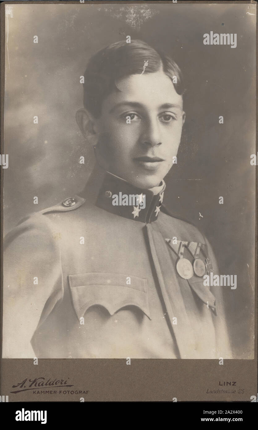 Fotografia - Leo Sterne in uniforme militare, Austria, circa 1917, in bianco e nero ritratto in studio montato su cartone, raffiguranti Leo Stern come un giovane uomo vestito di Austrian uniforme militare circa 1917. Questa fotografia si riferisce alla vita di Leo e Hilda Sterne prima della loro migrazione in Australia da Linz, in Austria nel 1939, unendo gli altri membri della famiglia che erano arrivati nel 1938. Il Sternes (originariamente Sternschein), elencato come 'stateless', erano probabilmente Foto Stock