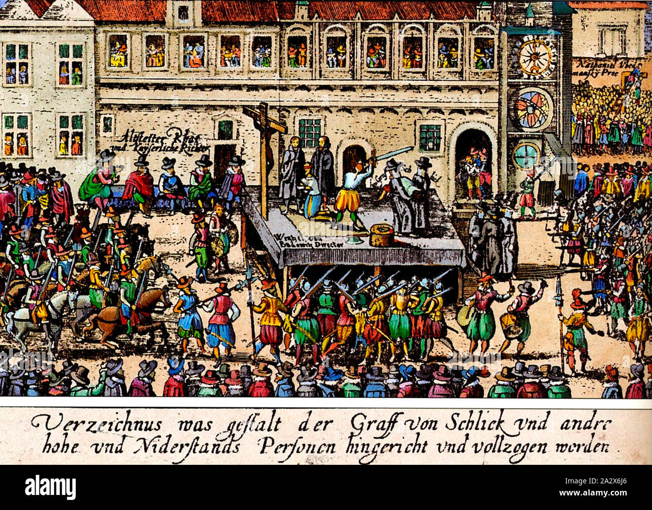 Esecuzione della Boemia ribelli sulla Prague Old Town Square 1621, xilografia contemporanea Foto Stock