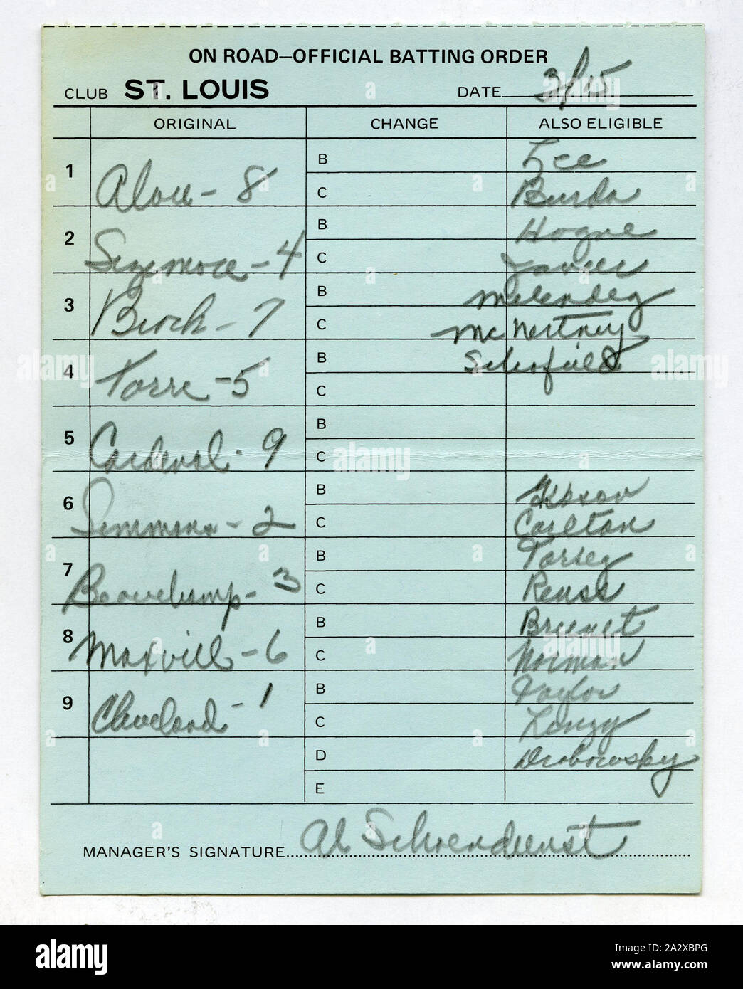 Lineup ufficiale card firmato dal manager Red Schoendienst per gioco con il St. Louis Cardinals e Los Angeles Dodgers al Dodger Stadium circa 1969. Foto Stock