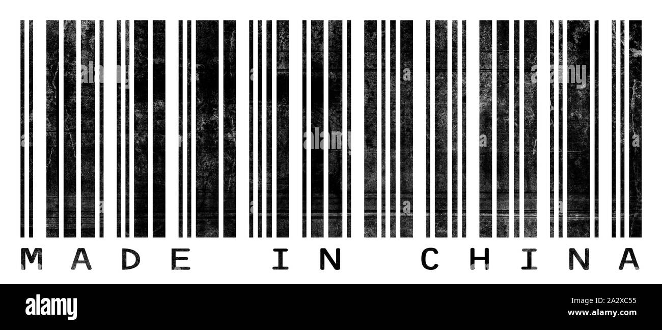 Una lettura di codici a barre 'Made in China' con un grunge/fotocopiata look. Foto Stock