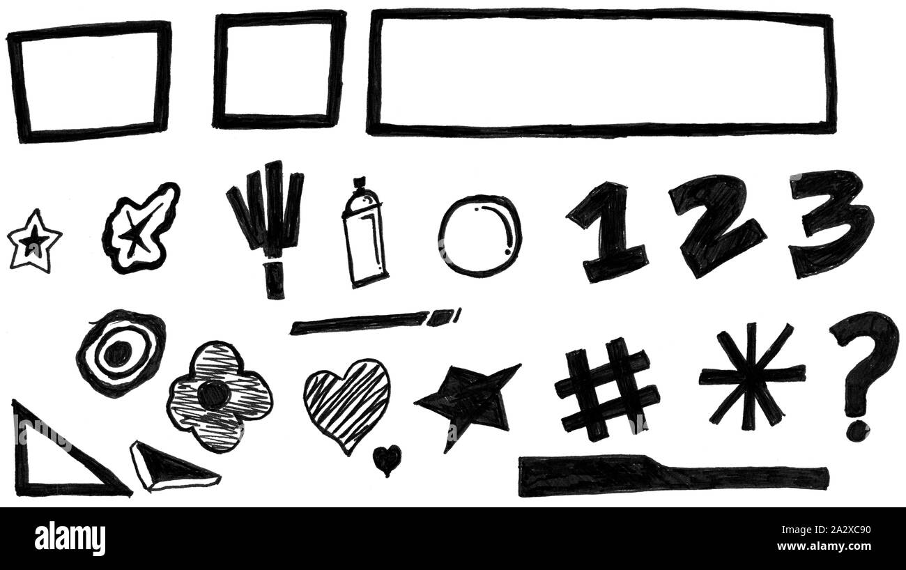 Vari disegnati a mano gli elementi grafici in inchiostro nero su carta bianca. Foto Stock