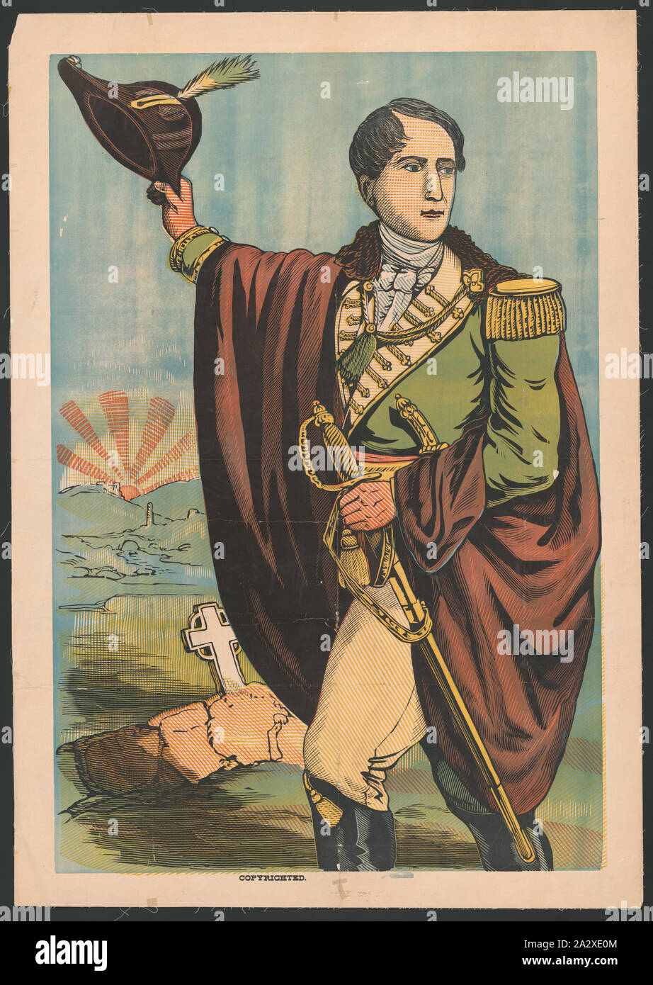 Robert Emmet, tre quarti di lunghezza verticale, in piedi, rivolta a sinistra, di fronte leggermente a destra, con la mano destra sollevata tenendo un cappello, e la mano sinistra che porta una spada, vi è una lapide dietro di lui e a distanza, il sole è in aumento Foto Stock