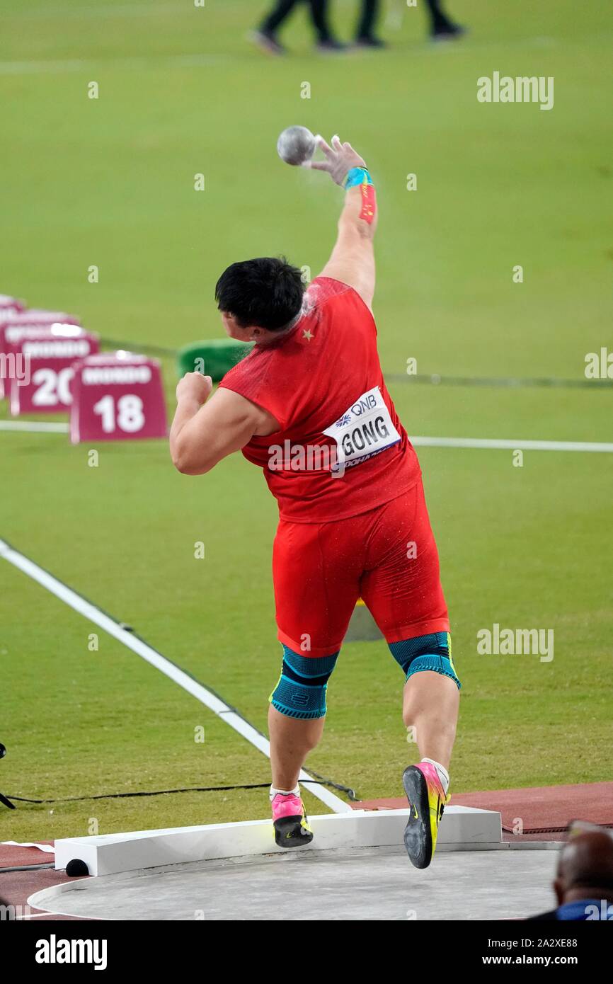 Doha in Qatar. 3 Ottobre, 2019. Lijlao Gong (CHN), Campione del Mondo di colpo messo le donne durante la IAAF mondiale di atletica del 2019 il 3 ottobre 2019 in Khalifa International Stadium di Doha, Quatar Credit: Chamid Soenar/SCS/AFLO/Alamy Live News Foto Stock