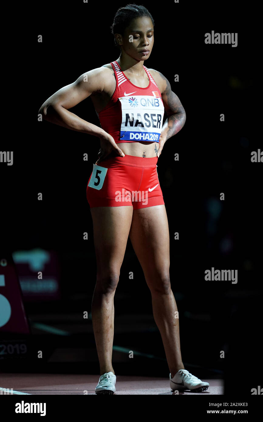 Doha in Qatar. 3° Ott, 2019. Salwa Eid Naser del Bahrain reagisce prima le donne del misuratore 400 finale al 2019 IAAF mondiale di atletica a Doha, in Qatar, Ottobre 3, 2019. Credito: Jia Yuchen/Xinhua/Alamy Live News Foto Stock