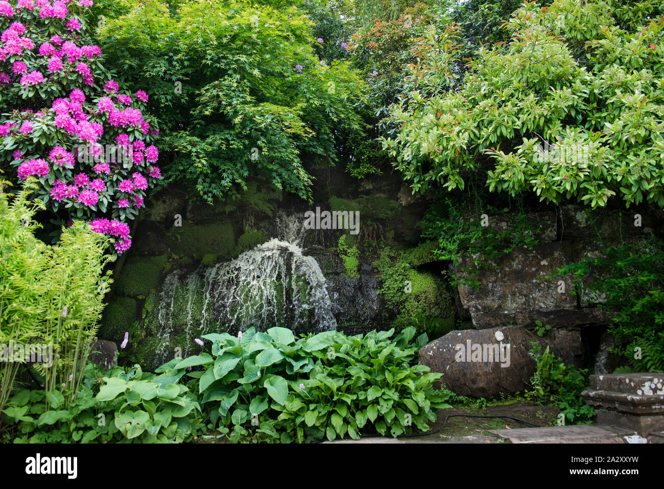 Il castello di Hever Italianamente Garden includono un accogliente grotta di roccia di una piccola cascata che scorre delicatamente su scoscese superficie incavata, circondato dal verde. Foto Stock