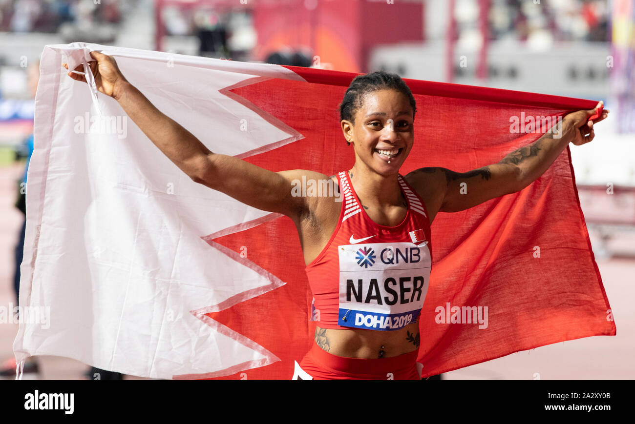 Doha in Qatar. 04 ott 2019. Salwa Eid Naser (BRN) vince 400m medaglia d'oro durante la IAAF Campionati del Mondo Al Khalifa International Stadium. Credito: SOPA Immagini limitata/Alamy Live News Foto Stock