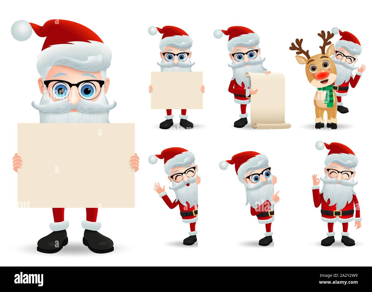 Santa Claus vettore di set di caratteri. Babbo Natale Natale carattere tenendo la lista dei desideri e che mostra la lavagna vuota o carta srcoll con la faccia felice. Illustrazione Vettoriale