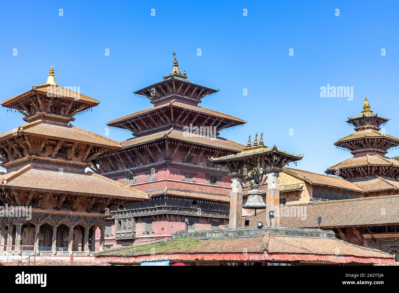 Antichi templi a Patan Durbar Square, Nepal. Un sito Patrimonio Mondiale dell'UNESCO. Foto Stock
