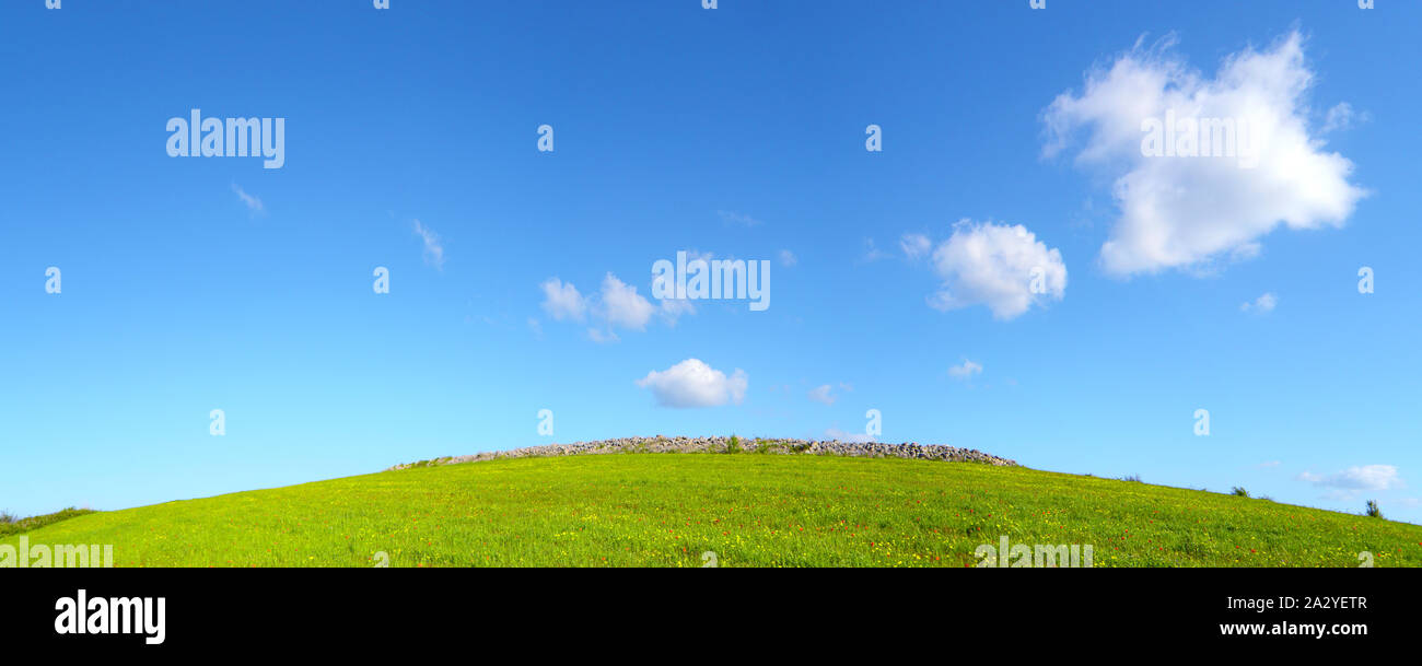 Collina con erba verde e un cielo blu con mucchi Foto Stock