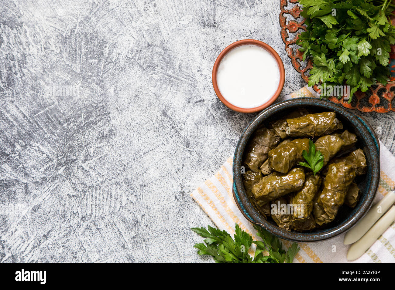Dolma tradizionale (sarma) in foglie di uva con copyspace. Il Libano greco turco cucina medio-orientale. A cena il cibo dolmadakia/ Foto Stock
