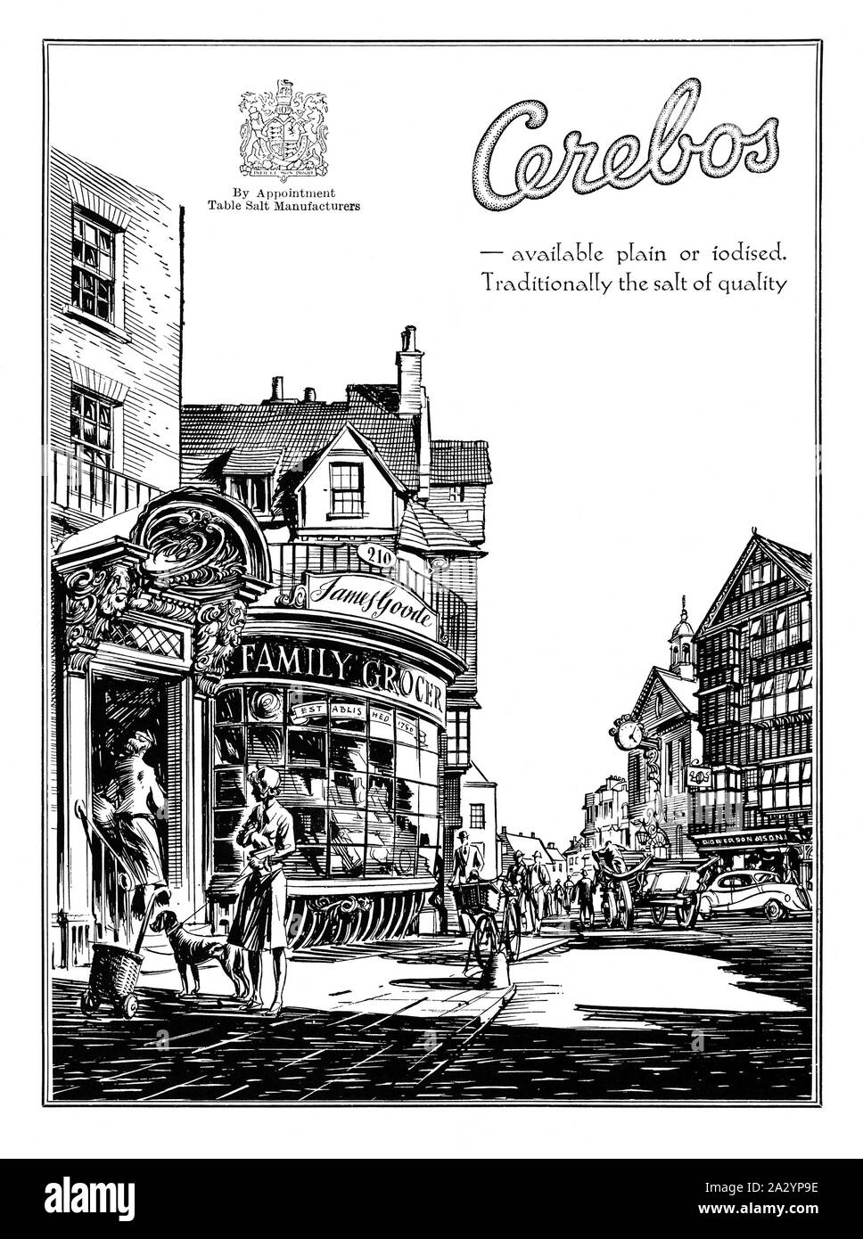 Annuncio per Cerebos sale, 1951. La figura dispone di un tradizionale British High Street. Essa constata che il sale è venduto plain o iodato - sale iodato (sale iodato) è il sale da tavola miscelati con una quantità di diversi sali dell'elemento iodio. Cerebos è un marchio di sale e più recentemente di altri aromi e supplementi nutrizionali. Il prodotto è stato sviluppato da George Weddell, un chimico scozzese a lavorare presso la società britannica Mawson & Swan e venduto sotto il marchio Cerebos. Il suo slogan era 'See come si corre', perché le loro sale contenuto agenti antiagglomeranti (anti-grippaggio) agenti. Foto Stock