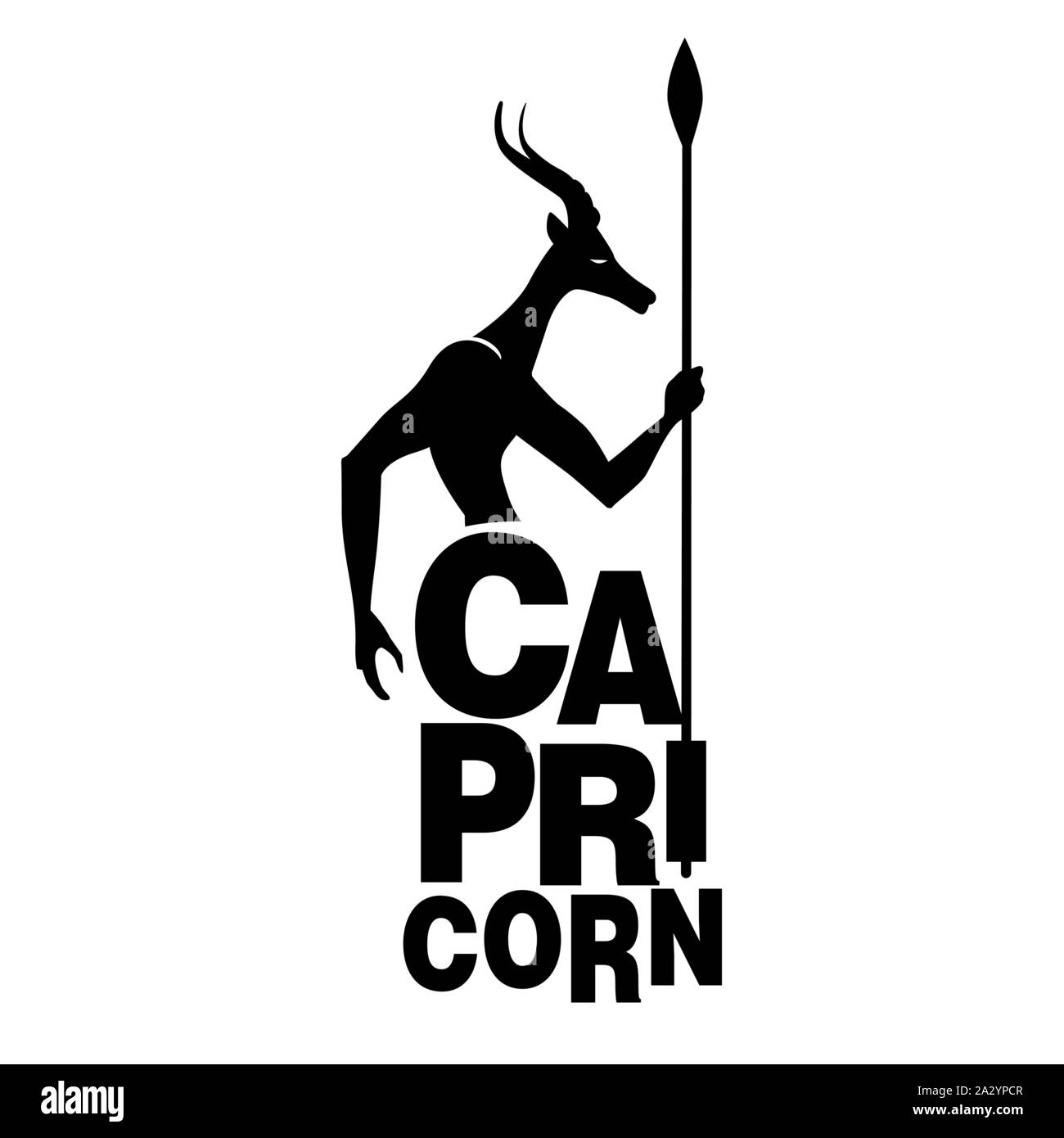 Tribal zodiac. Capricorno. Animale metà maschio di capra, corna e braccia umane, tenendo in mano una lancia, isolato su sfondo bianco Illustrazione Vettoriale