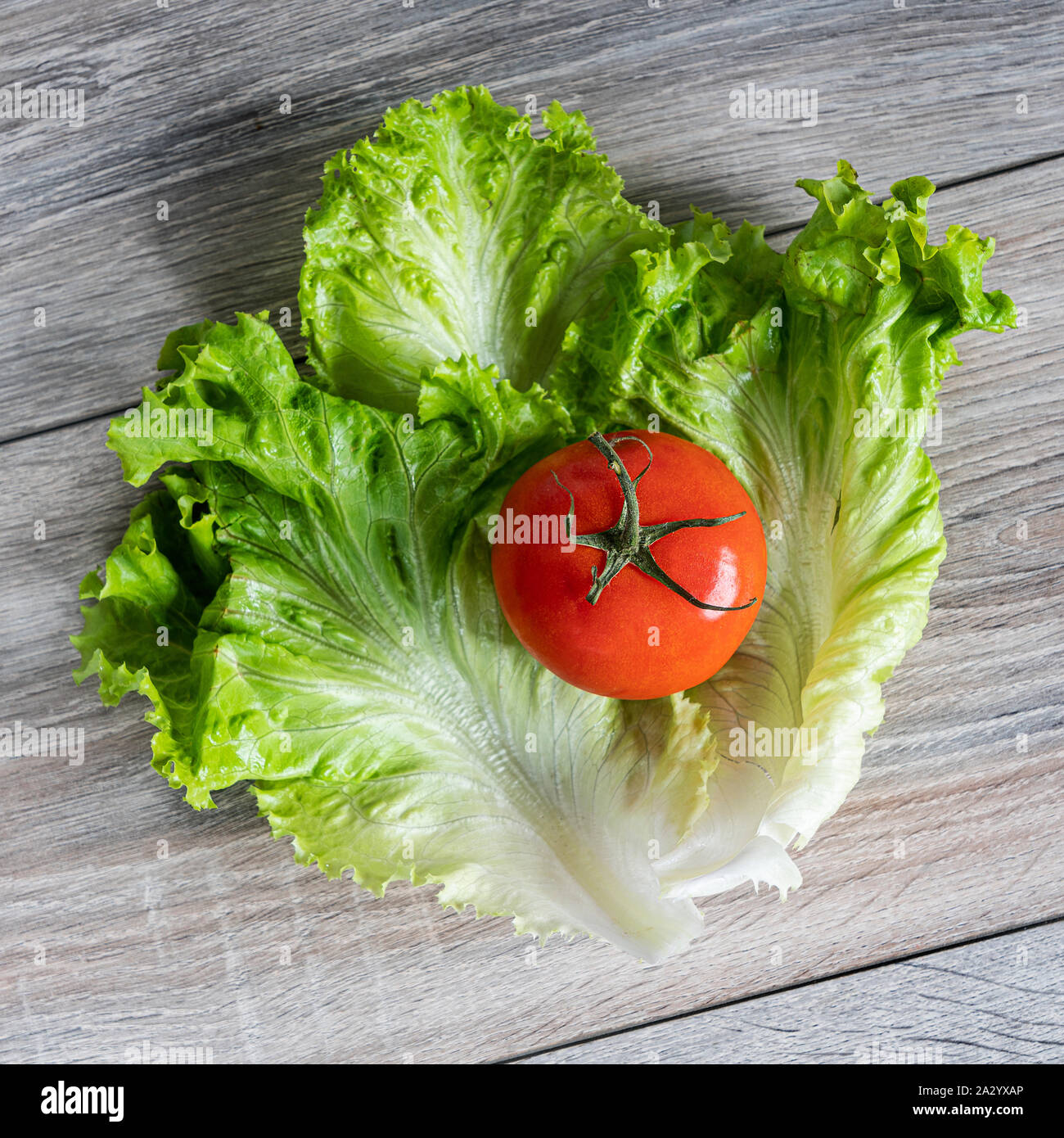 Pomodori su alcune foglie di insalata su di un tavolo di legno Foto Stock