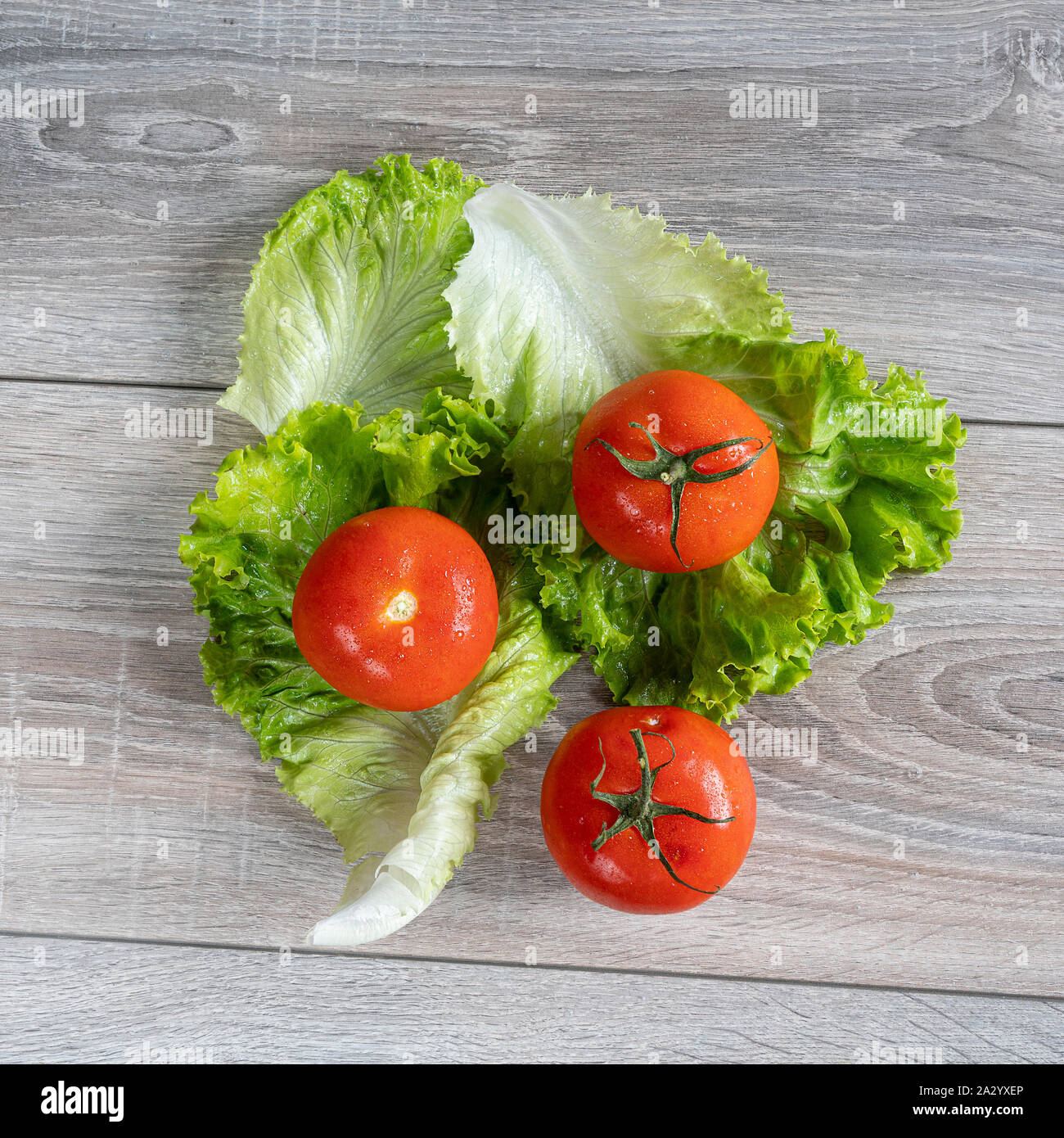 Pomodori su alcune foglie di insalata su di un tavolo di legno Foto Stock