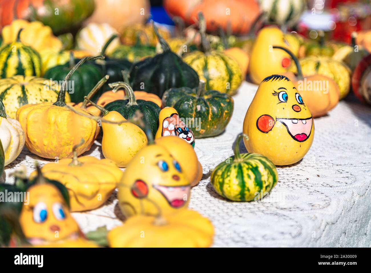 Volti sorridenti dipinti su zucche nella fiera autunnale Foto Stock