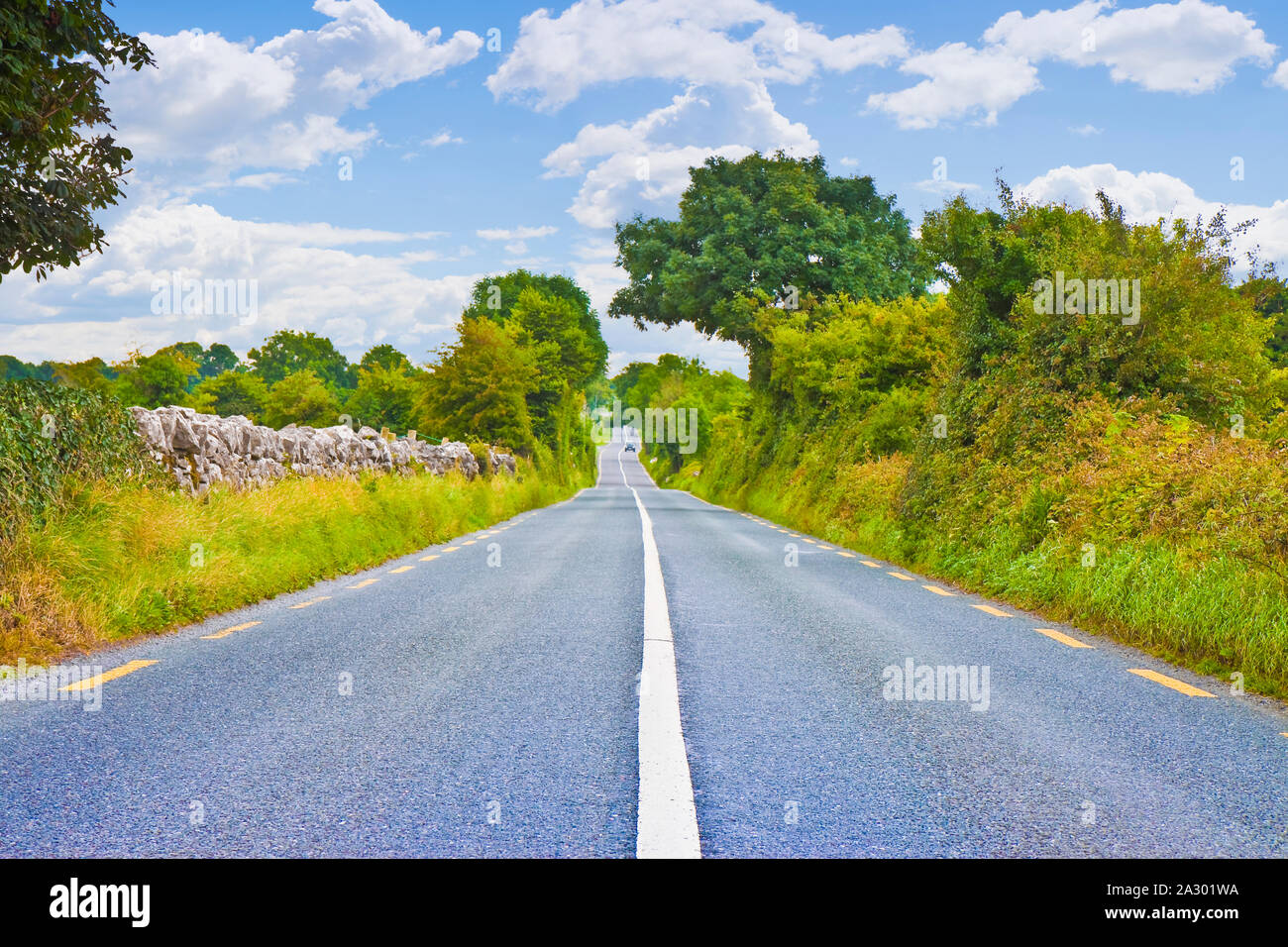 Tipico paese strada in zone rurali irlandesi nella stagione estiva (Irlanda) Foto Stock