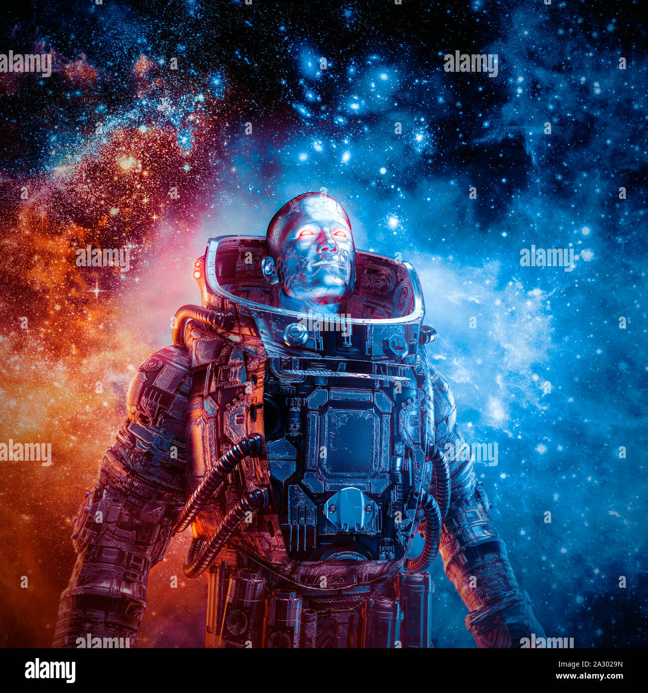 Tra le nuove frontiere / 3D illustrazione di fantascienza scena con eroica astronauta robotico circondato da galassie incandescente nello spazio esterno Foto Stock