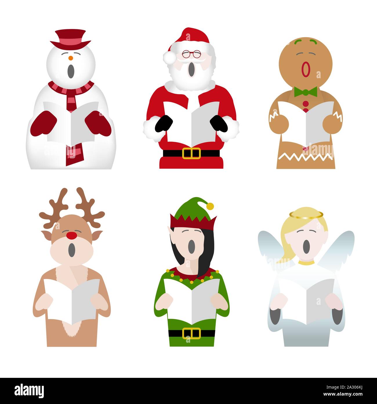 Pupazzo di neve, Babbo Natale, Gingerbread Man, renne, Elf e fiabesca personaggi a cantare i canti natalizi Illustrazione Vettoriale