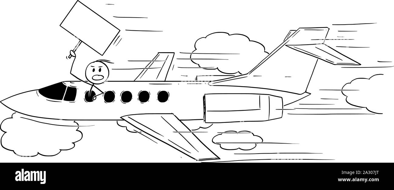 Vector cartoon stick figura disegno illustrazione concettuale dell uomo ricco, celebrity persona o imprenditore volare con jet privato aeromobili e tenendo premuto segno vuoto pronto per il tuo testo. Illustrazione Vettoriale