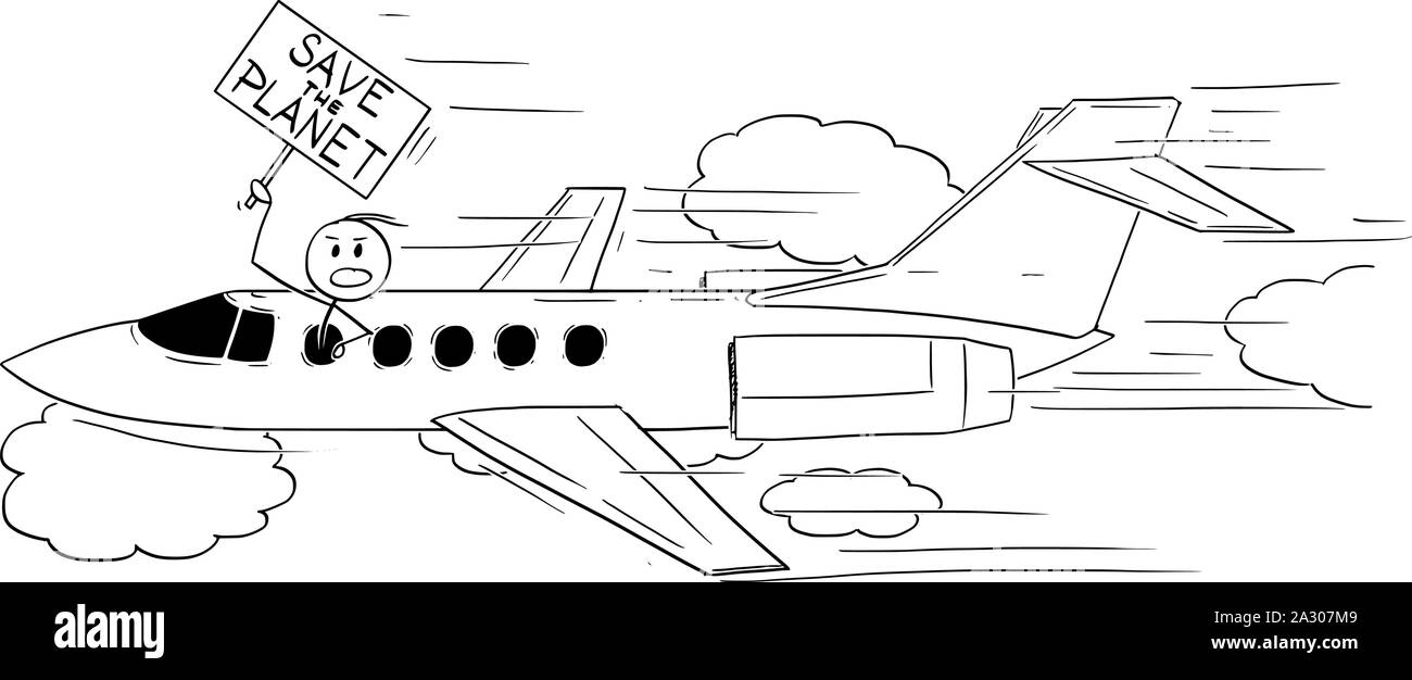 Vector cartoon stick figura disegno illustrazione concettuale dell uomo ricco, celebrity persona o imprenditore volare con jet privato aeromobili e tenendo a salvare il pianeta segno. Illustrazione Vettoriale