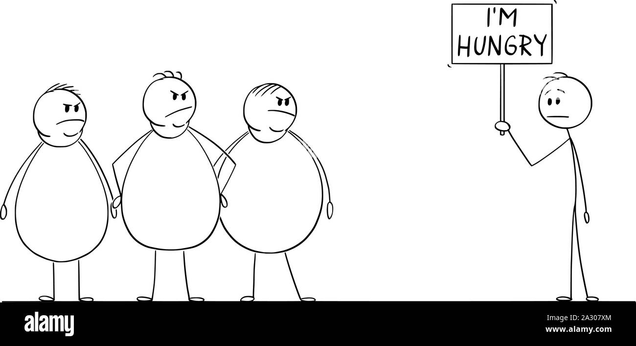 Vector cartoon stick figura disegno illustrazione concettuale di un gruppo di tre grassi o in sovrappeso uomo che guarda l'uomo sottile dimostrando con ho fame segno. Concetto di consumismo e di povertà. Illustrazione Vettoriale