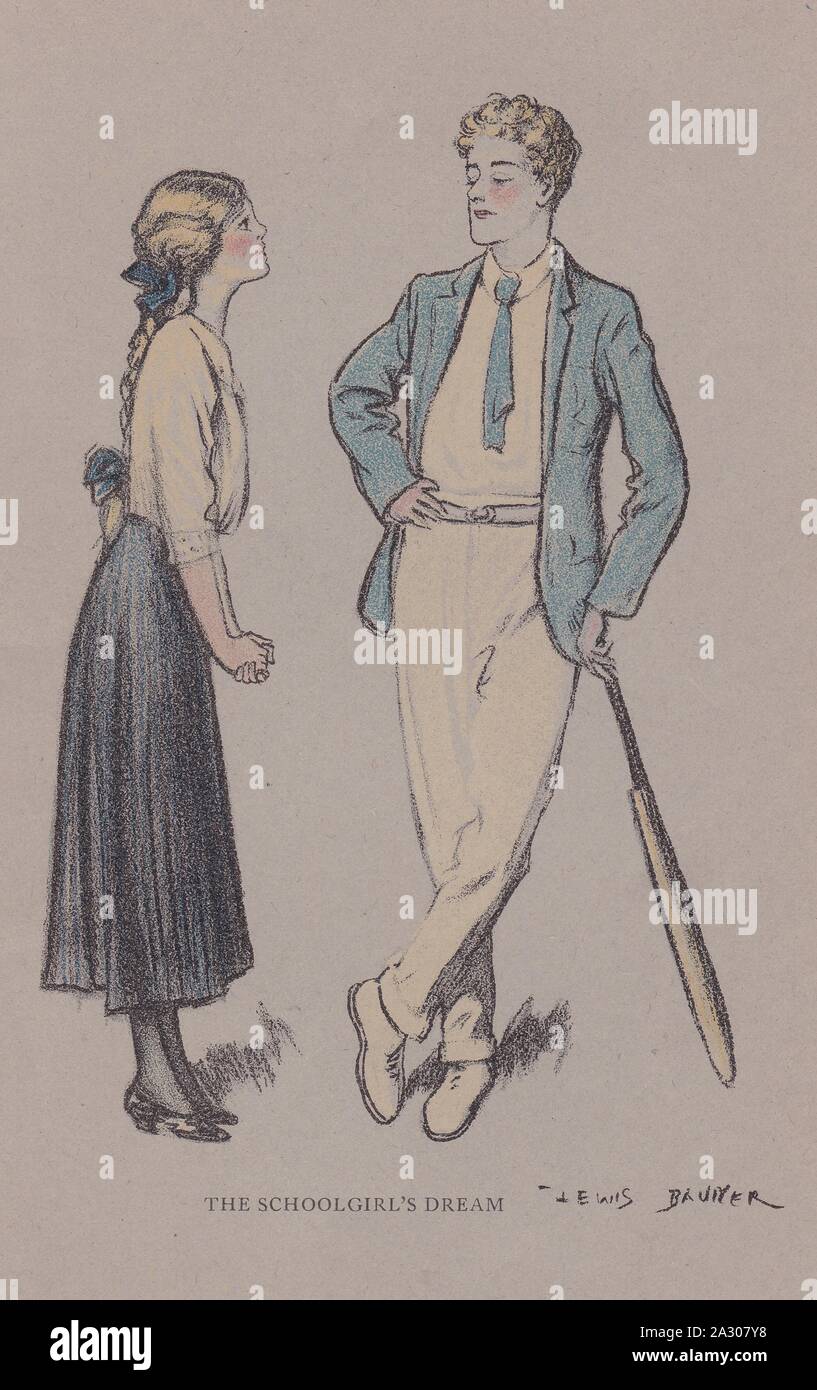 Prenota piastra / stampare dal libro lato leggero di scuola disegnato da Lewis Baumer 1900s. La scolaretta il sogno. Foto Stock