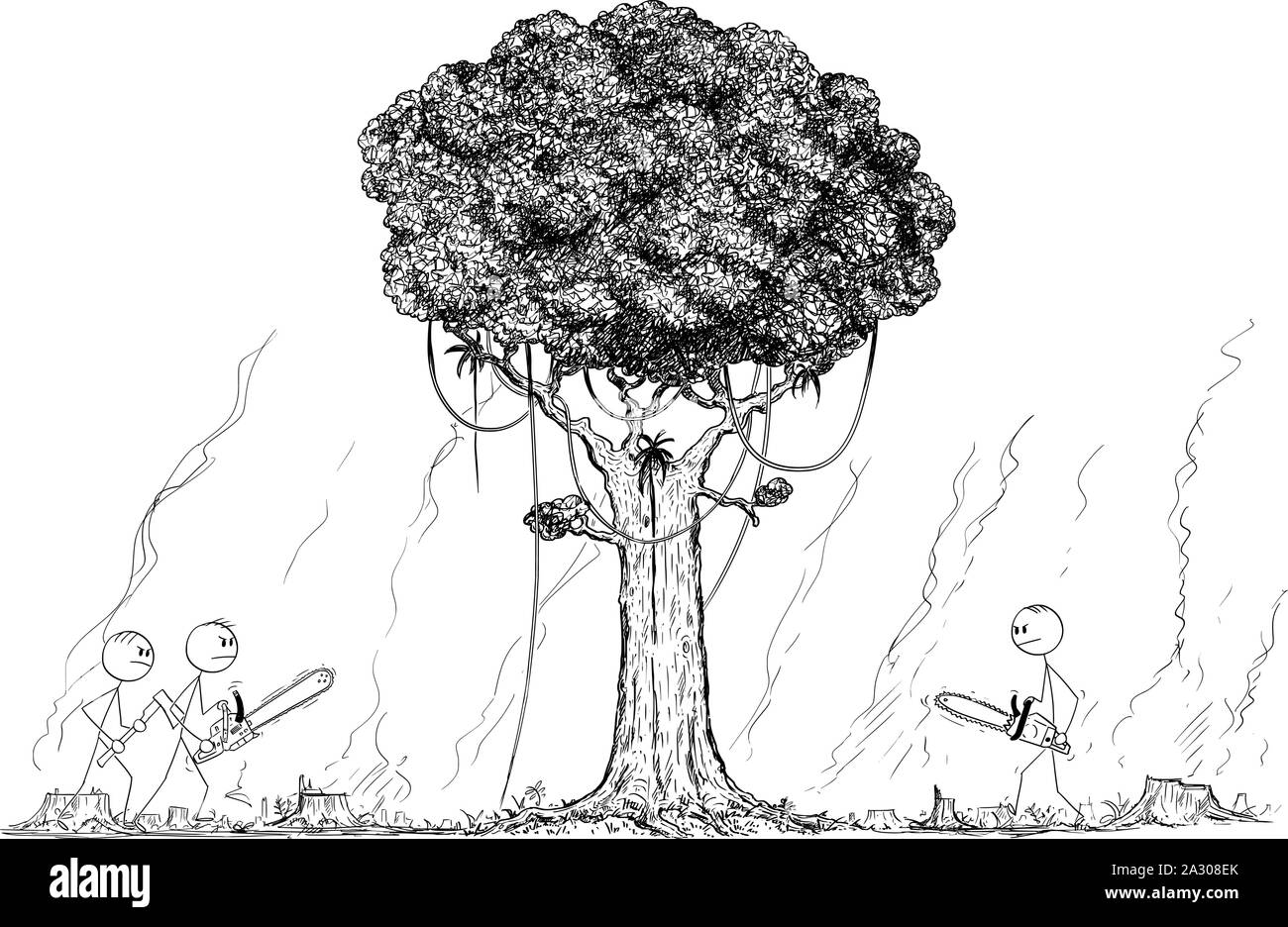 Vector cartoon stick figura disegno illustrazione concettuale del gruppo di boscaioli andando a tagliare o chop verso il basso l'ultimo albero dalla foresta di pioggia. Il clima e la conservazione della natura del concetto. Illustrazione Vettoriale