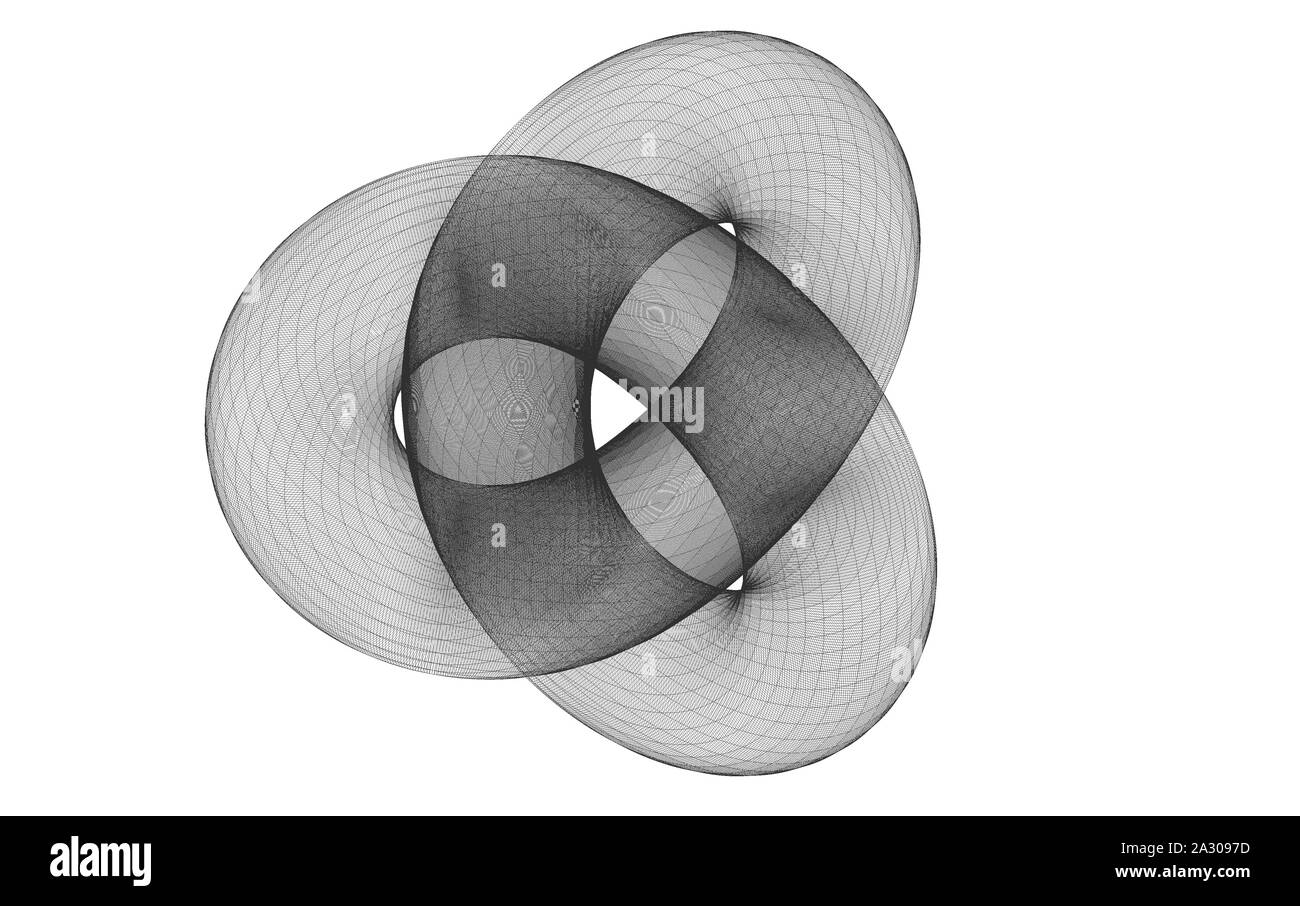 Filo nero-telaio torus knot, rappresentazione geometrica della superficie in forma parametrica isolati su sfondo bianco. 3D rendering immagine Foto Stock