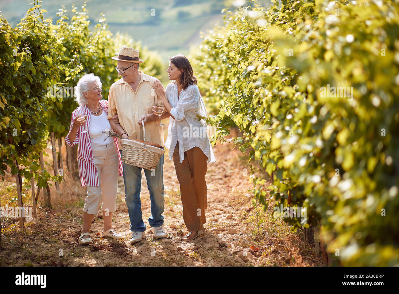 Maturazione delle uve in vigna vigneto di famiglia. Famiglia sorridente passeggiate tra i filari di viti Foto Stock