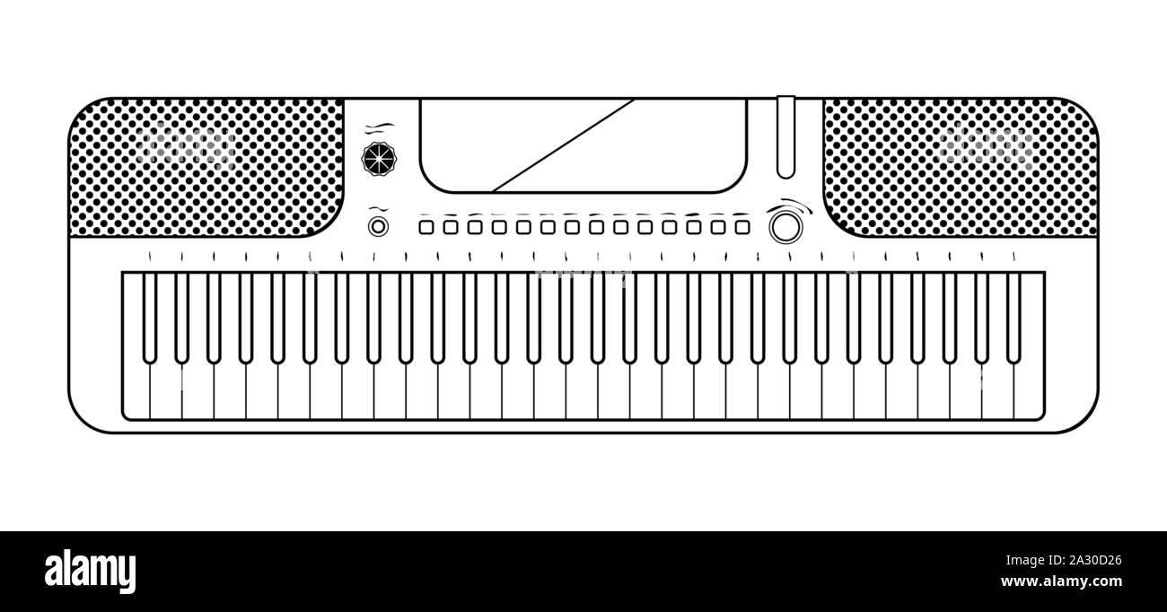 La linea elecronic pianoforte su sfondo bianco. Una tastiera di pianoforte strumenti musicali. Sintetizzatore musicale. Linea del vettore schizzo Illustrazione Vettoriale