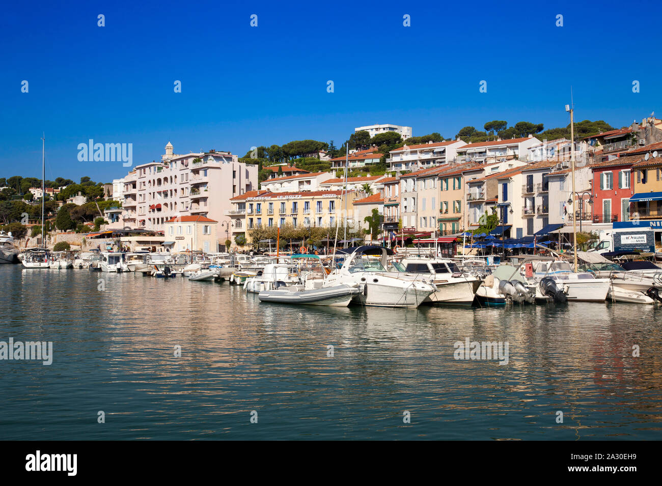 Boote und Yachten im Hafen von Cassis, Bouches-du-Rhone, Provence-Alpes-Côte d'Azur, Südfrankreich, Frankreich, Europa| barche e yacht nel porto o Foto Stock