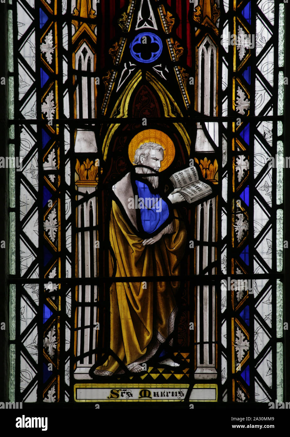 Vetrata raffigurante San Marco, St James Church, Wigmore, Herefordshire Foto Stock