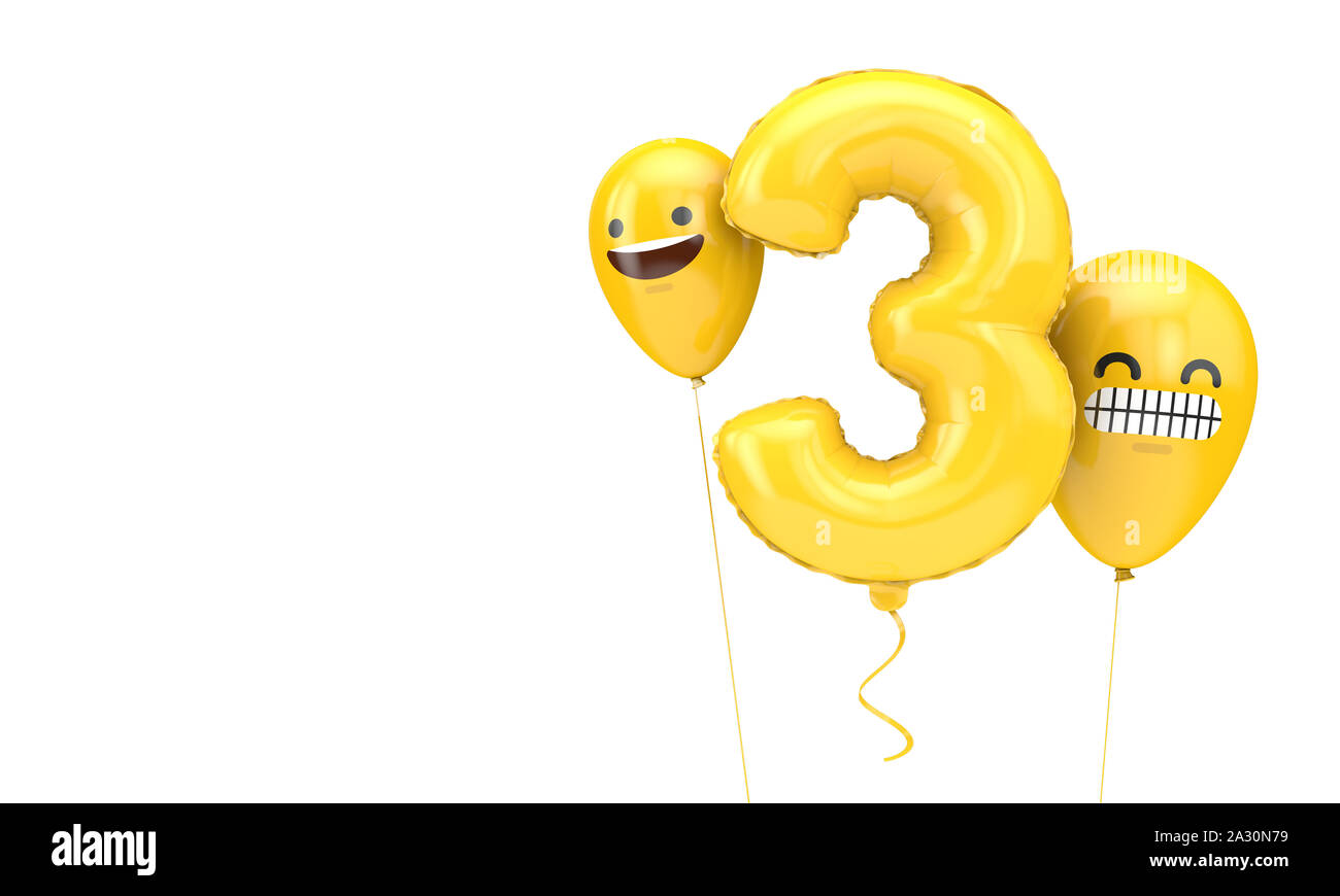 Numero 3 compleanno ballloon con facce emoji palloncini. 3D Render Foto Stock