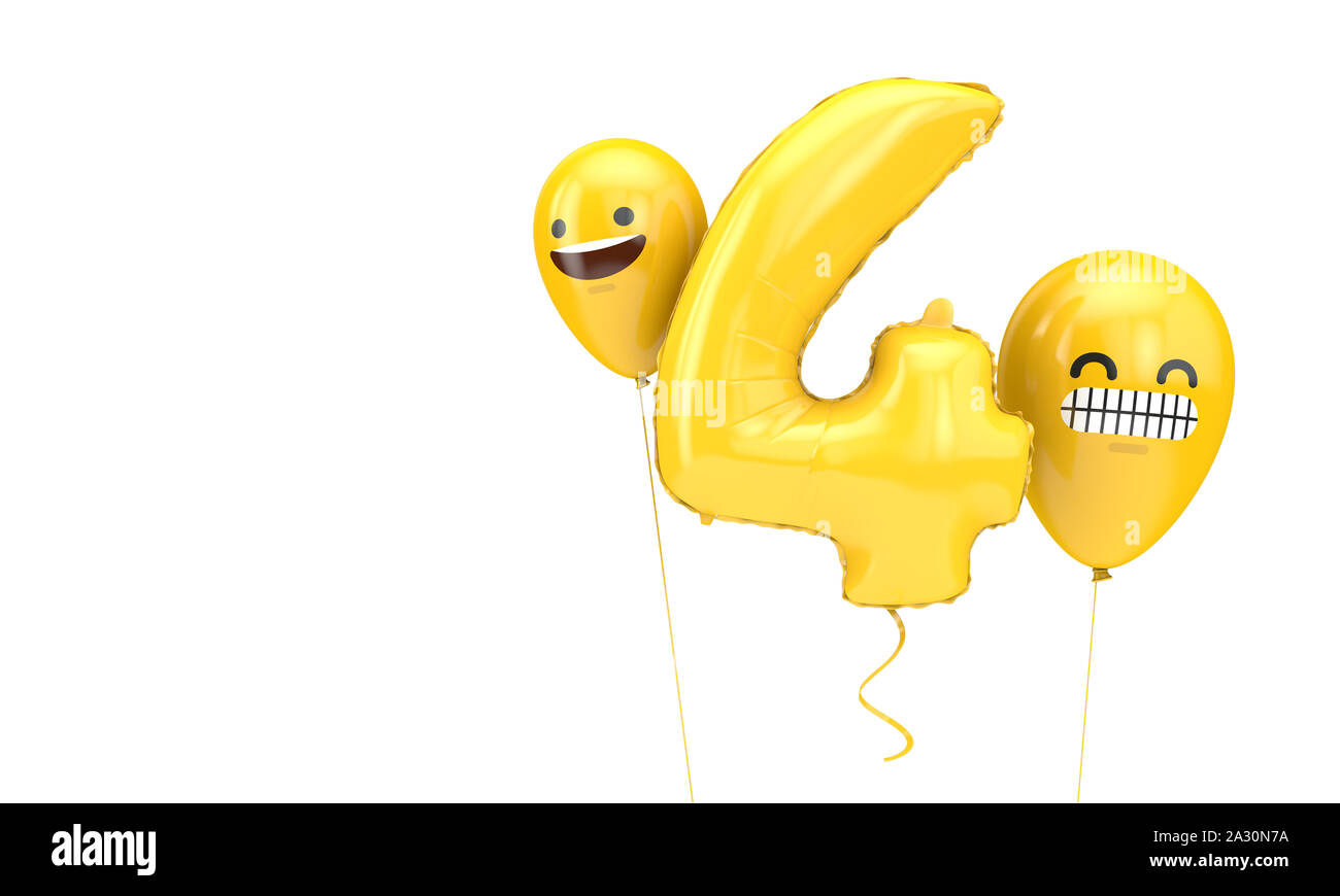 Numero 4 compleanno ballloon con facce emoji palloncini. 3D Render Foto Stock
