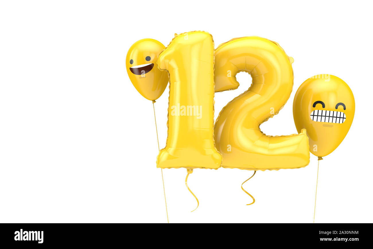 Numero 12 compleanno ballloon con facce emoji palloncini. 3D Render Foto Stock